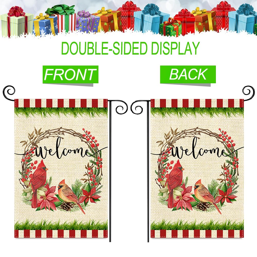 12 x 18 Inch Double Sided Burlap Cardinal Wreath Winter Christmas Garden Flag - Snow Welcome Outdoor Seasonal Decor for Farmhouse, Porch & Yard Decoration