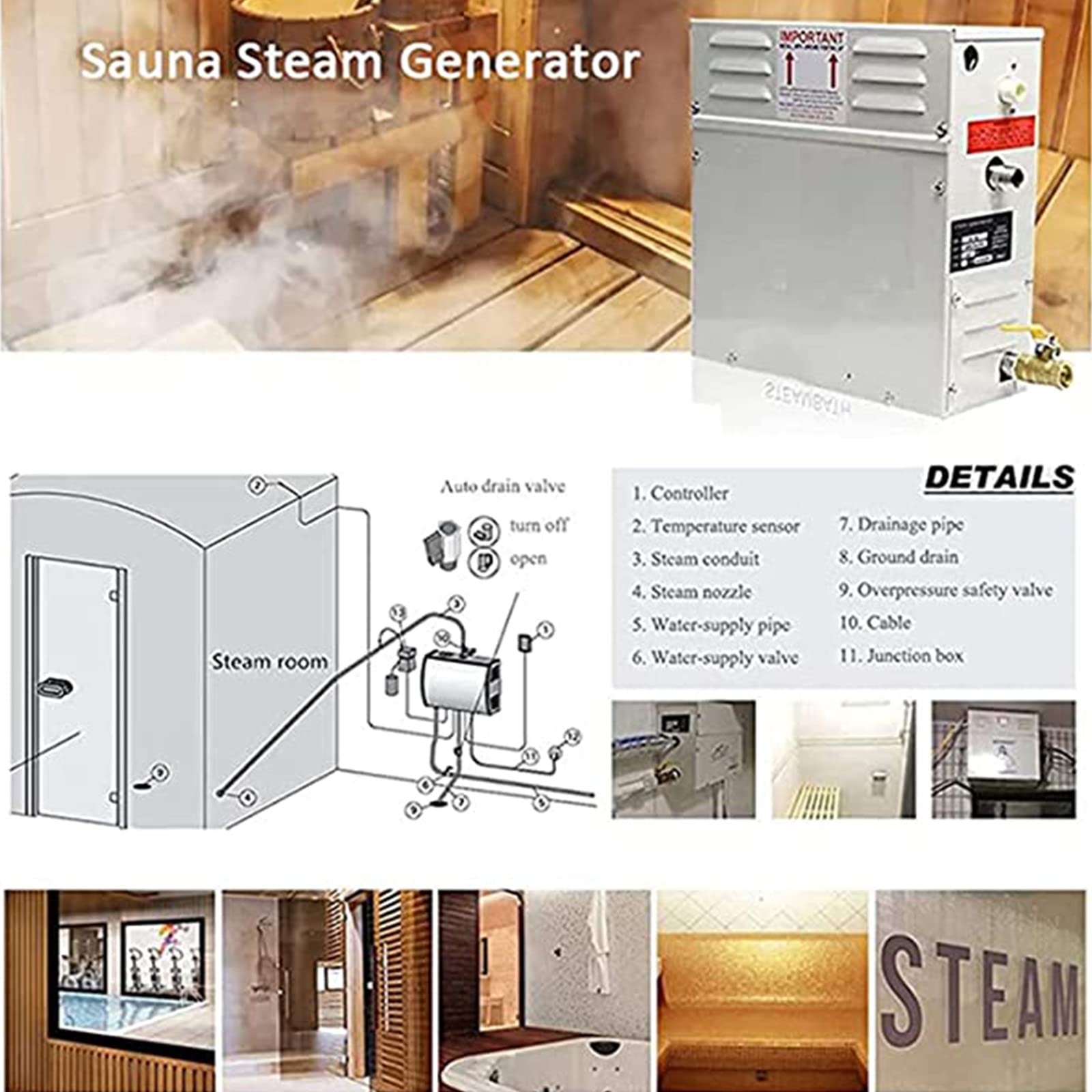 380V 8.0kW Sauna Steam Generator - Home Steam Room Shower Spa Machine with Waterproof Control & Auto Drain Function | Perfect for Relaxation, Detox & Home Wellness Therapy