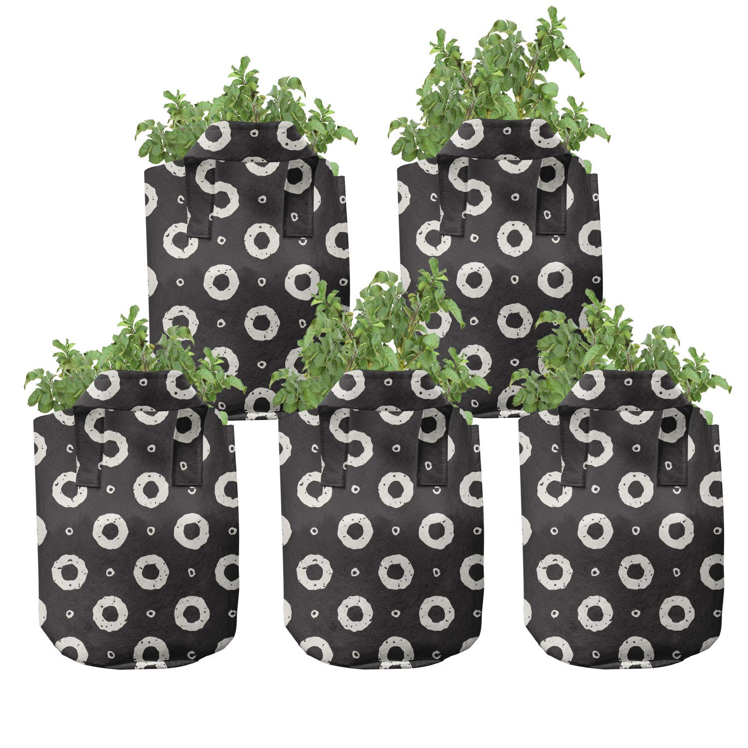 Ambesonne 5-Pack Black & White Donut Shaped Grow Bags - Heavy Duty 5 Gallon Fabric Pots with Handles for Plants - Perfect for Indoor/Outdoor Gardening, Vegetables, Flowers & Herbs