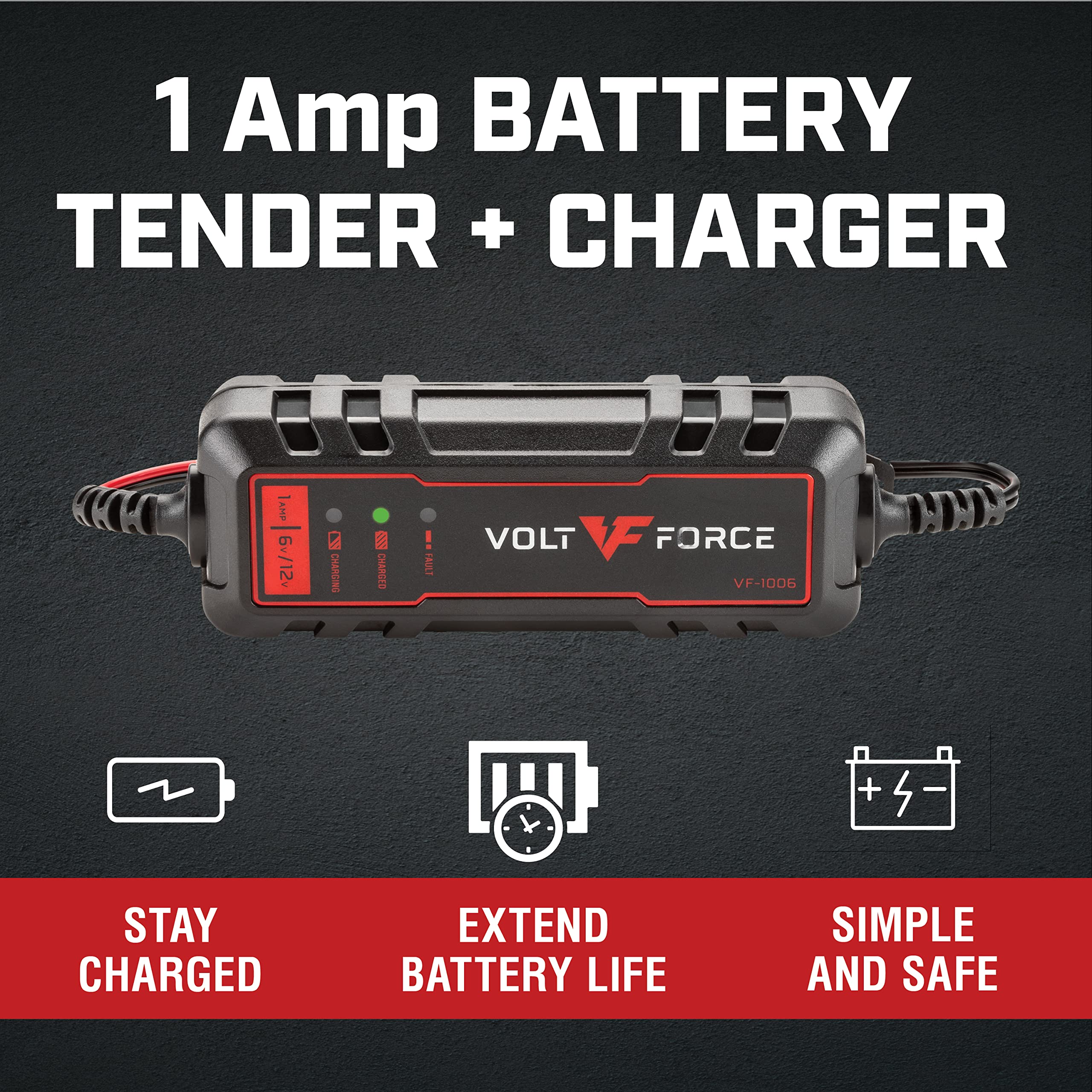 VF-1006 Smart 1A Battery Charger & Maintainer - Fully Automatic 6V/12V Automotive Charger for Car, Motorcycle, ATV, Boat, RV - 1 Amp Trickle Charger with Battery Maintenance Mode | Perfect for Winter Storage & Long-Term Vehicle Maintenance