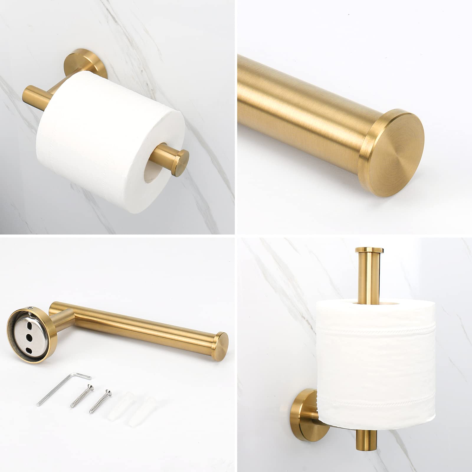 NearMoon 4-Piece Bathroom Hardware Set - Brushed Gold Stainless Steel Towel Ring, Toilet Paper Holder & 2 Robe Hooks - Wall Mounted Bath Accessories for Modern Home Decor (Perfect for Bathroom, Powder Room & Spa Style Vanity)