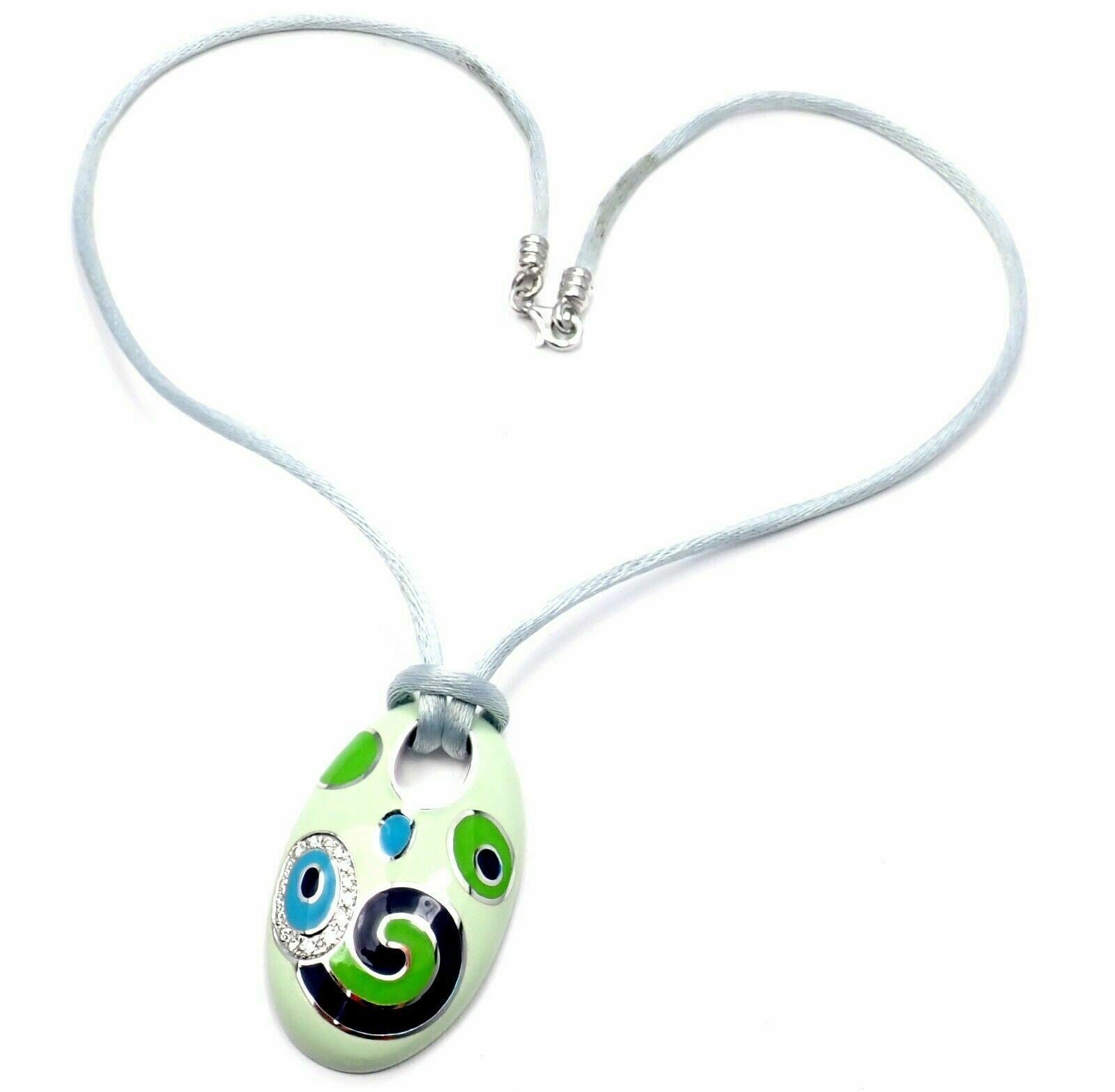 Roberto Coin 18k White Gold Diamond Green Enamel Silk Cord Pendant Necklace for Women - Elegant Jewelry Gift for Birthday, Anniversary & Special Occasions