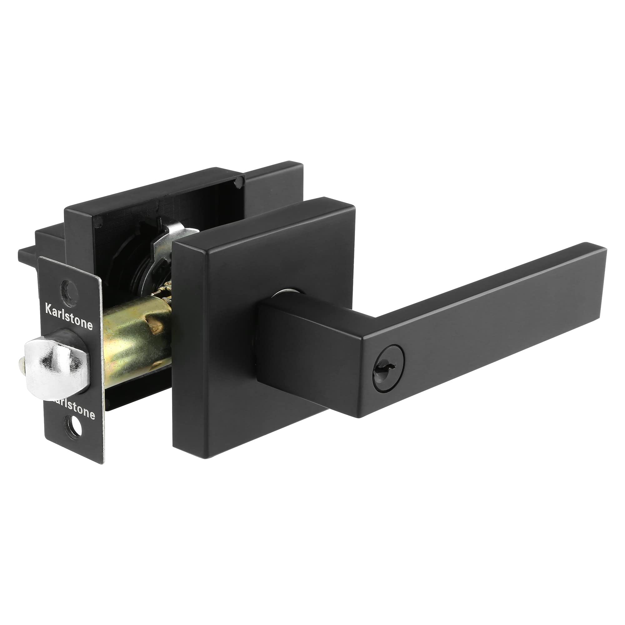 Karlstone Matte Black Door Handle with Lock - 1 Pack Keyed Entry Door Lever Set for Front Doors, Interior & Exterior Use, Secure Home & Office Access