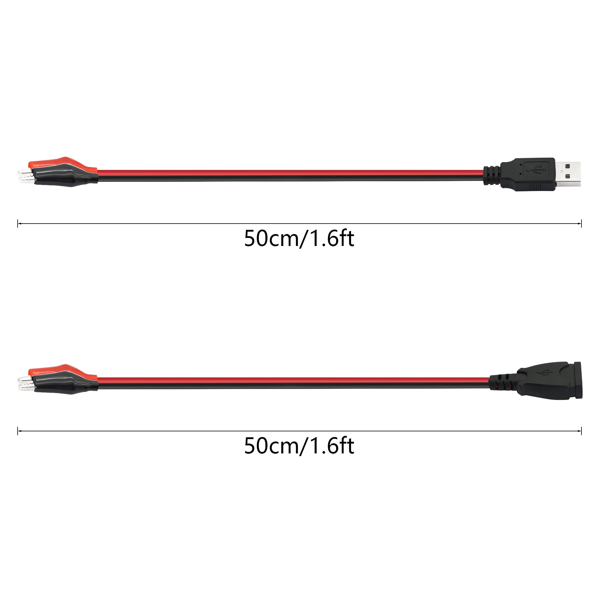 YACSEJAO USB Test Leads with Alligator Clips - Red & Black Wires (1 Male + 1 Female) - 5A Max Current, 19.7in/50cm Length - Perfect for Electronics Testing, DIY Projects & Circuit Debugging