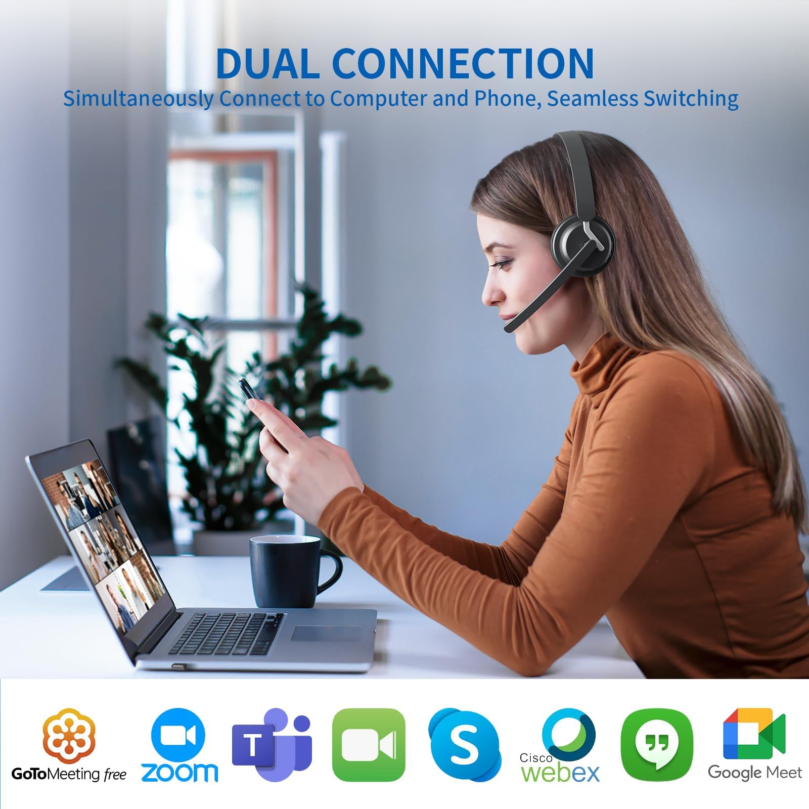 Wireless Headset with Microphone - Bluetooth 5.0 Headphones with AI Noise Cancelling Mic & Charging Dock, 2.4GHz Wireless Headset with USB Receiver for PC/Laptop/Remote Work/Call Center/Zoom Meetings - Perfect for Home Office, Online Classes & Gaming