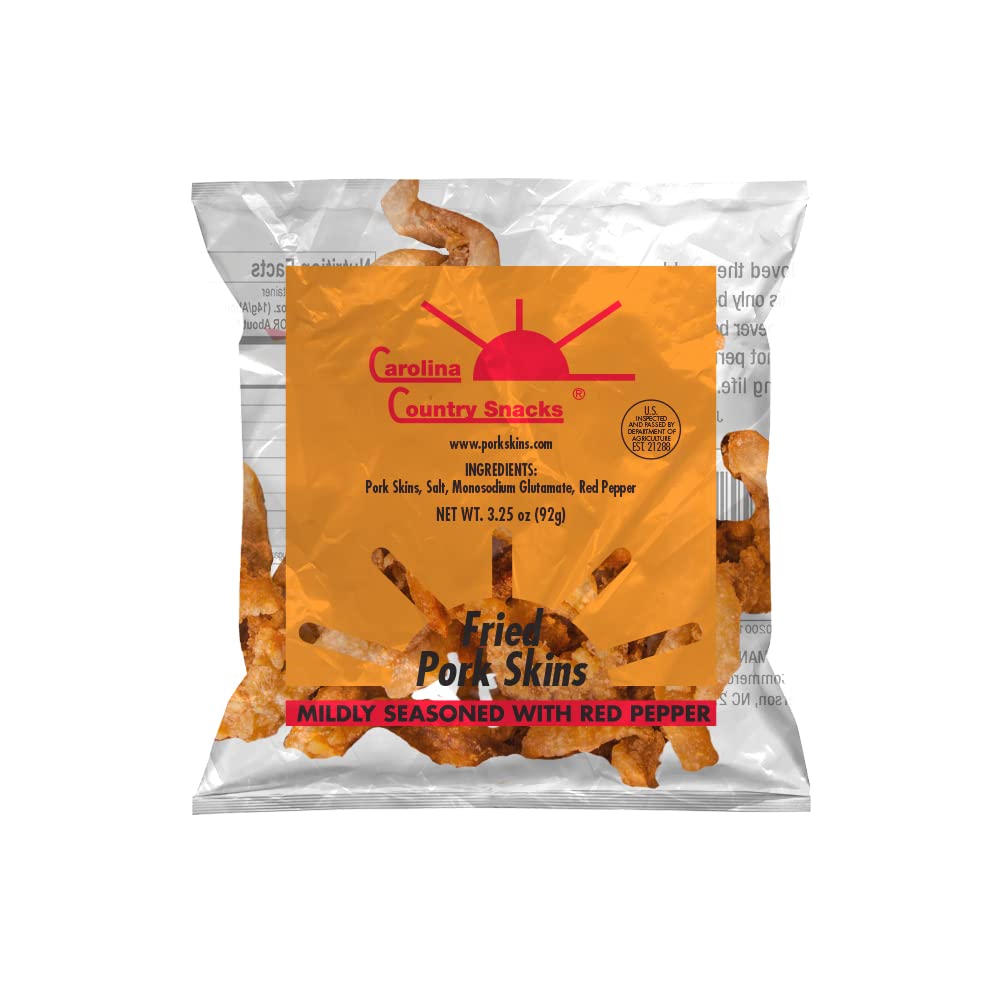 Crunchy Fried Pork Skins - Extra Hard Strips with Red Pepper Flavor - 36 Bags (3.25 oz Each) - Perfect for Keto Snacks, Low Carb Diets & Game Day Parties