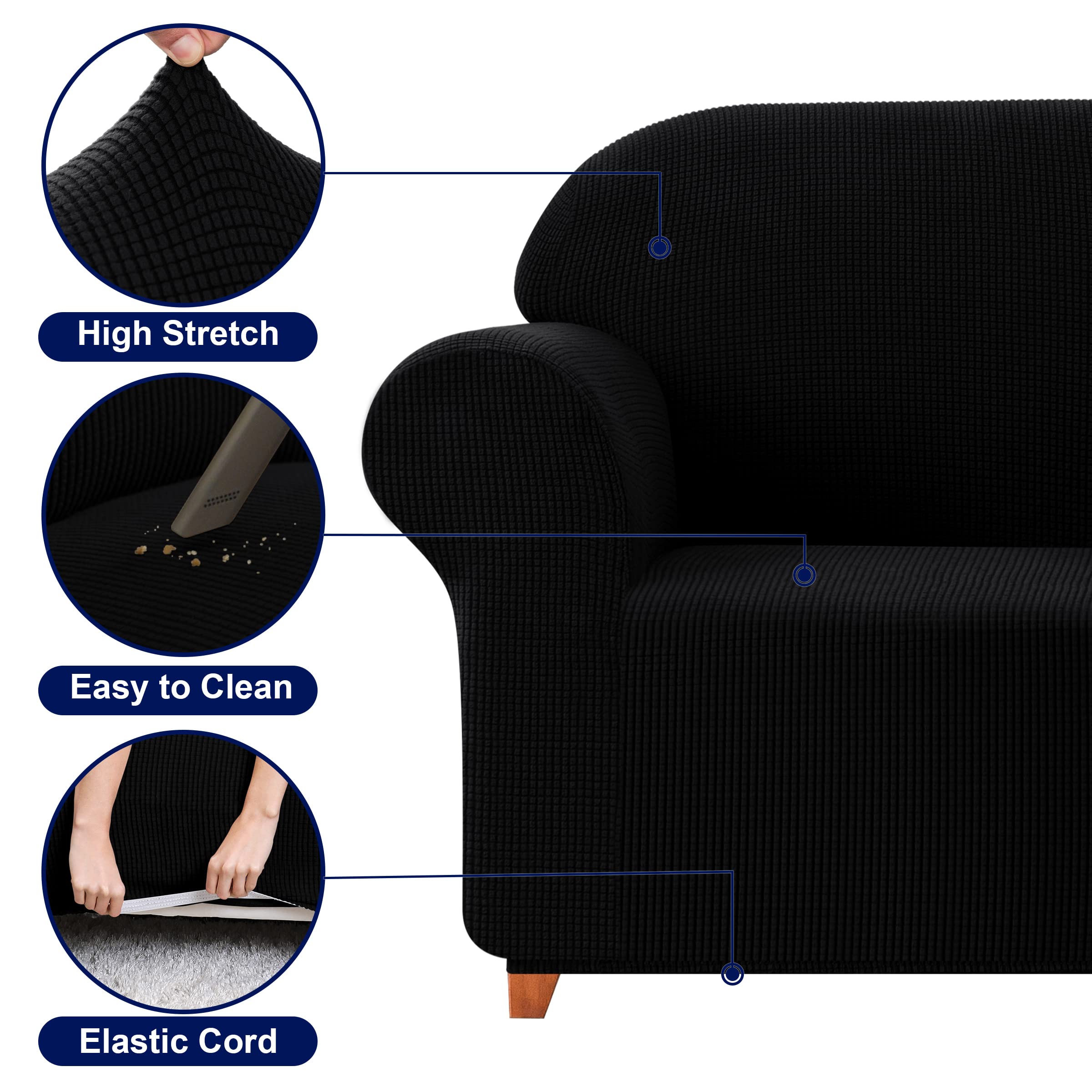 SUBRTEX Stretch Sofa Slipcover 2-Piece Set - Washable Jacquard Fabric Couch Cover for 3-Seater Sofa, Soft & Durable Furniture Protector with Small Check Pattern (Black) - Perfect for Living Room, Family Room & Home Decor