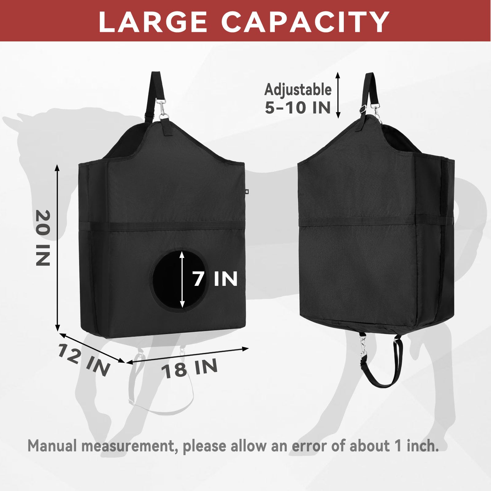 2 PCS Heavy Duty 1000D Hay Feeder Bags for Horses, Goats, Sheep, Ponies & Donkeys - Large Capacity Slow Feed Hay Nets with Reinforced Metal Clips & Adjustable Straps - Perfect for Stable, Pasture & Travel Use
