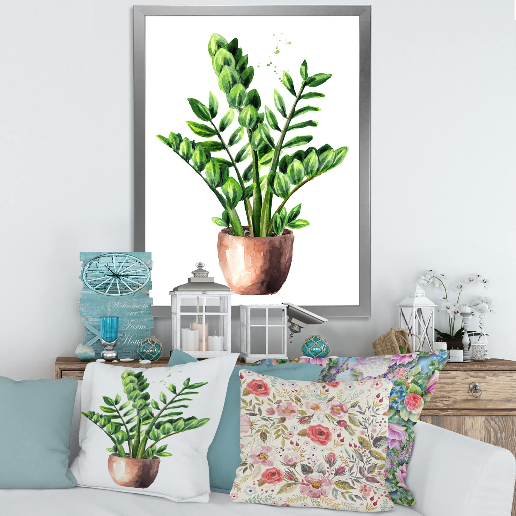 DesignQ Zamioculcas Tropical Plant Green Leaves Framed Wall Art - Home & Office Decor, Living Room, Bedroom, Dining Room Wall Hanging