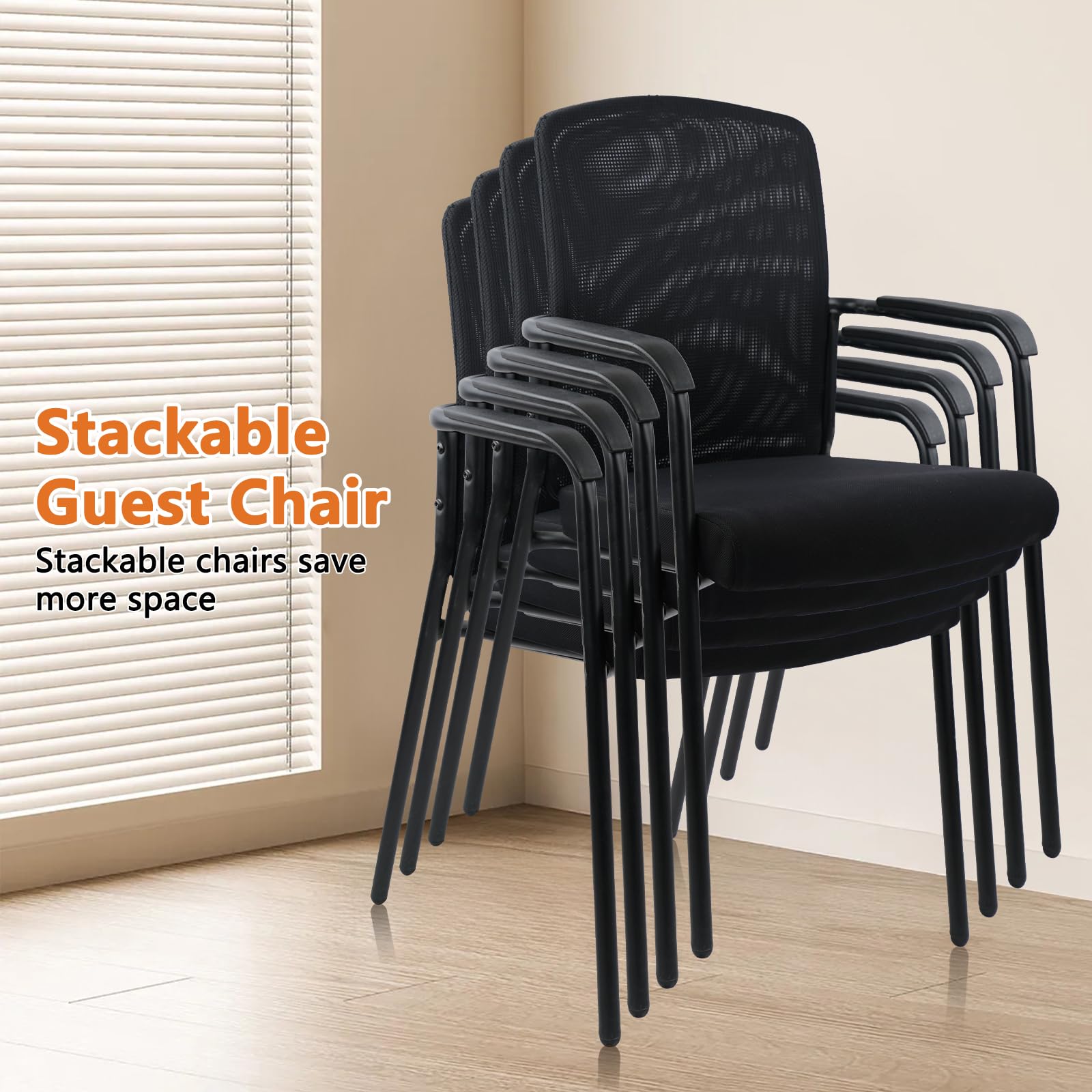 CLATINA Stackable Office Chairs with Arms - 4 Pack Double Mesh Waiting Room Chairs with Thickened Cushion, High Back Guest Chairs for Reception, Lobby, School, Banquet & Conference Rooms - Black Ergonomic Seating Solution