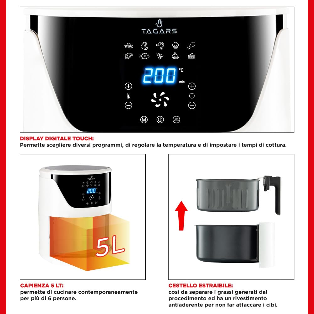 5L Digital Air Fryer with Touch Display, Rapid Heating System, 7 Cooking Presets, Timer & Removable Basket - 1400W - Perfect for Healthy Frying, Baking & Roasting at Home
