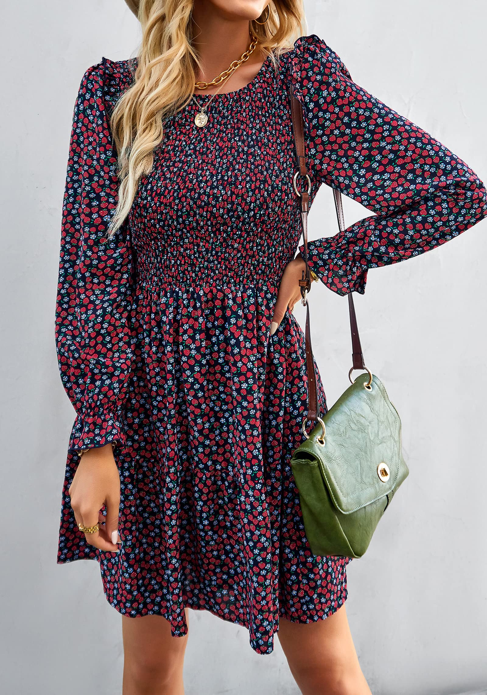 KIRUNDO Women's Floral Smocked Long Sleeve Ruffle Mini Dress - A-Line Flowy Party Dress for Spring & Summer 2025 | Perfect for Garden Parties, Date Nights & Special Occasions