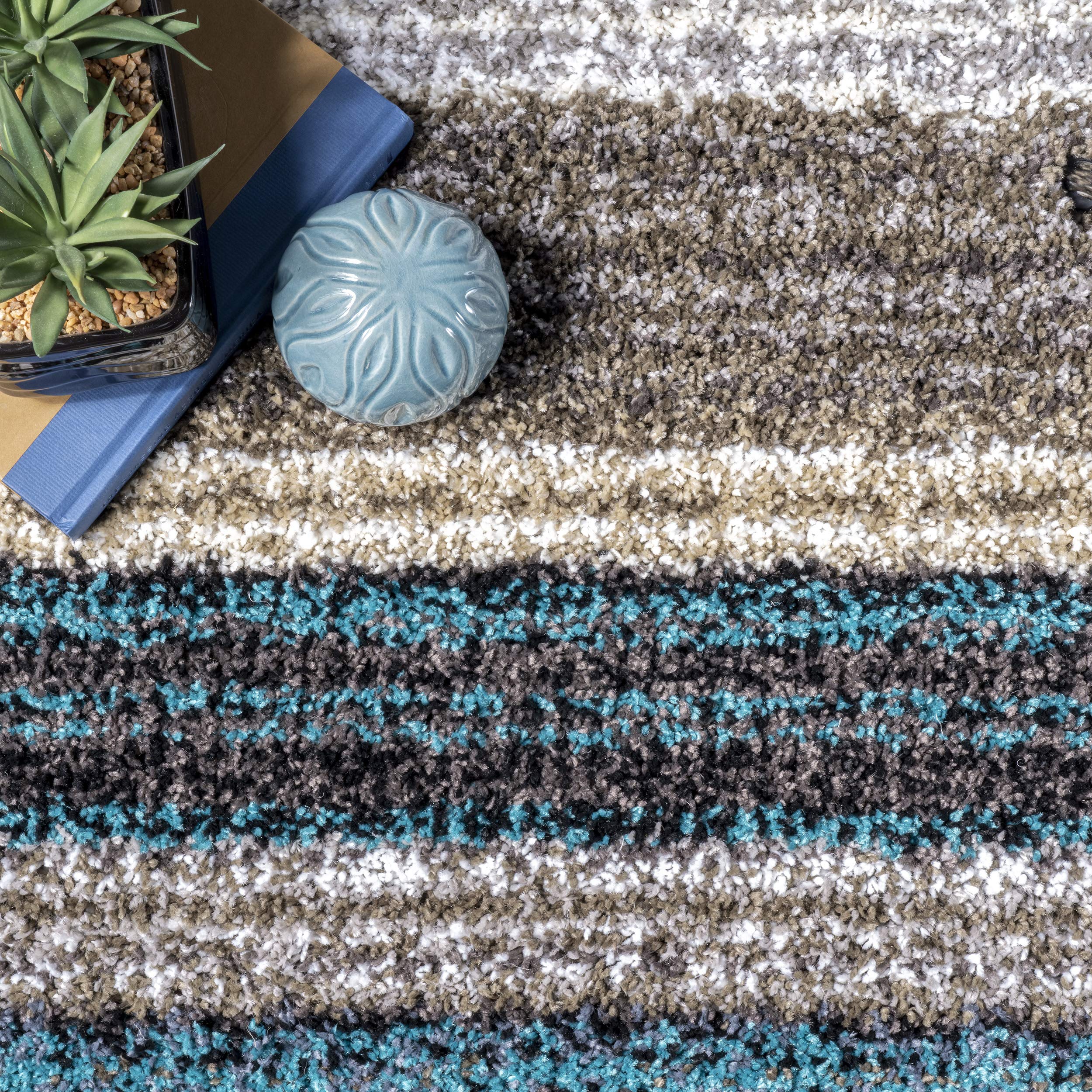 nuLOOM Drey Striped Shag Area Rug - 2x12 Runner Shag Rug in Casual Blue Multi/Brown | Soft Plush Carpet for Living Room, Bedroom, Dining Room, Nursery, Entryway, Hallway | Perfect for Cozy Home Decor & High Traffic Areas