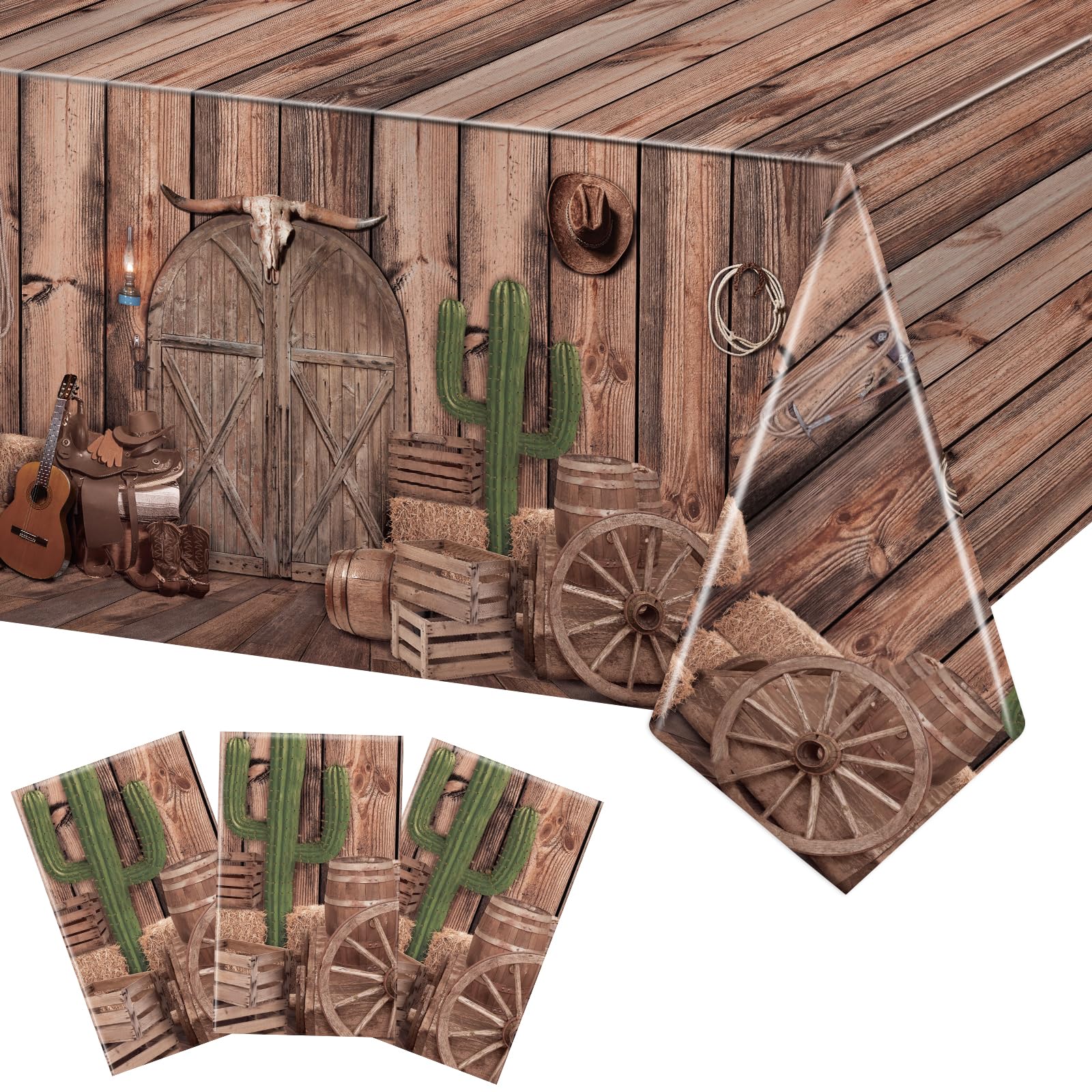 3 Pack Disposable Plastic Western Cowboy Party Tablecloths - Rustic Farmhouse & Western Theme Decor for Birthday Parties, Outdoor & Indoor Events - Perfect for BBQ, Picnics, and Western-Themed Celebrations