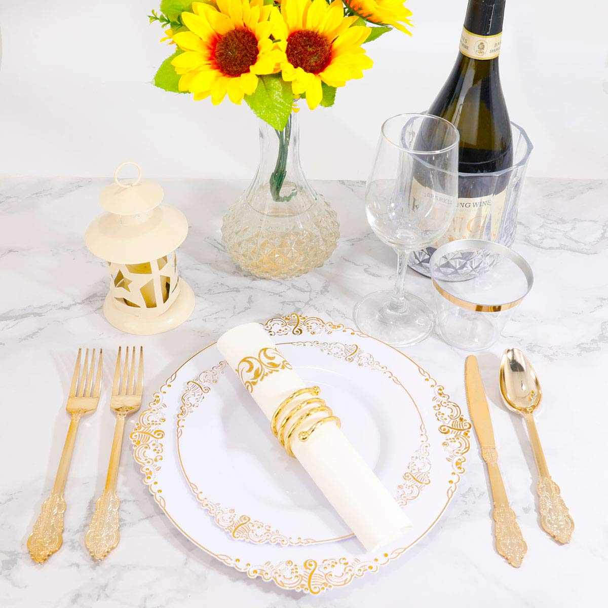 60 Pack Gold Plastic Plates & 200 Gold Plastic Forks - 7.4 Inch Heavy Duty Disposable Tableware Set for Parties, Weddings, Christmas - Elegant White & Gold Dinnerware for Celebrations, Events, and Holiday Gatherings