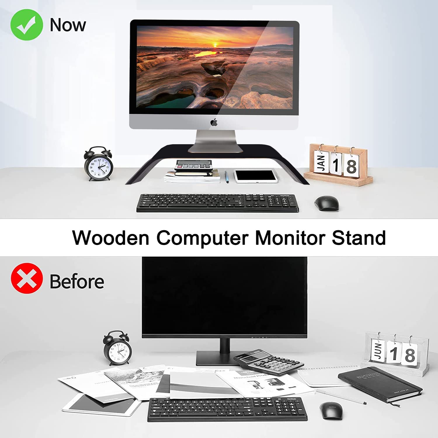 SAMDI Wooden Computer Monitor Stand with Storage - Oak Wood Black, Ergonomic Laptop Stand for MacBook, Notebook & Desktop Accessories - Perfect for Home Office, Gaming Setup & Workspace Organization