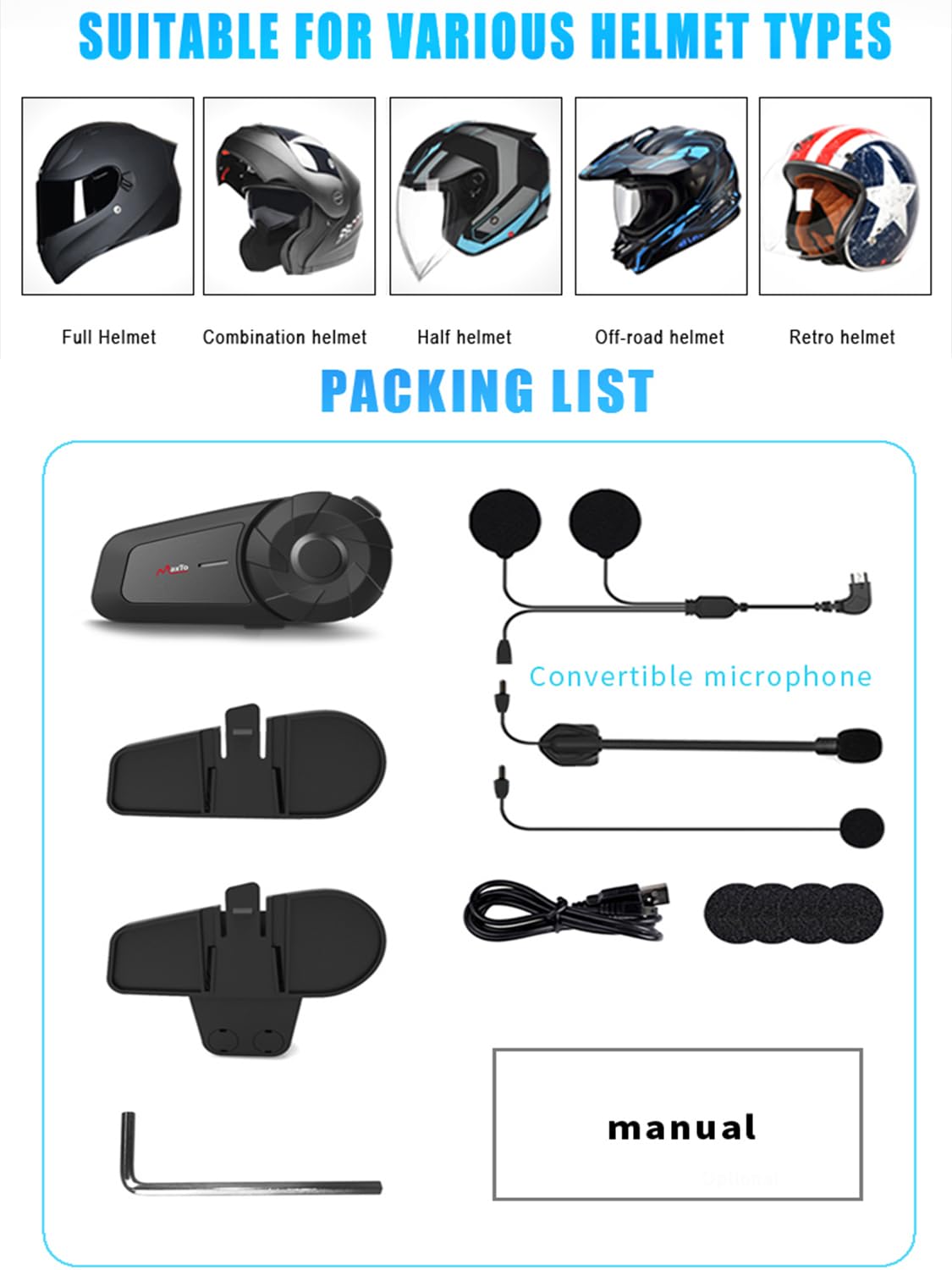 Maxto MX1 Motorcycle Bluetooth Headset - 2 Pack Universal Intercom System for Riders | 800M Range, HiFi Stereo Sound, IPX6 Waterproof, Call & Music Control | Perfect for Motorcycle Helmets, Group Riding & Adventure Tours