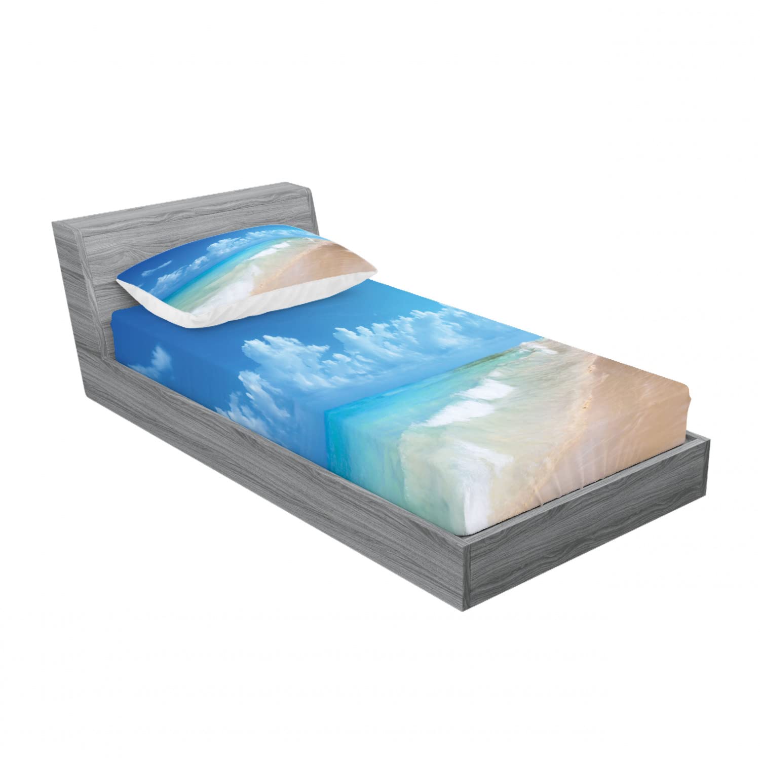 Ambesonne Hawaiian 2-Pack Twin Fitted Sheets & Pillow Sham Set - Tropical Ocean Waves Design, 4-Piece Bedding Decor in Blue Turquoise for Beach House & Vacation Home Decor