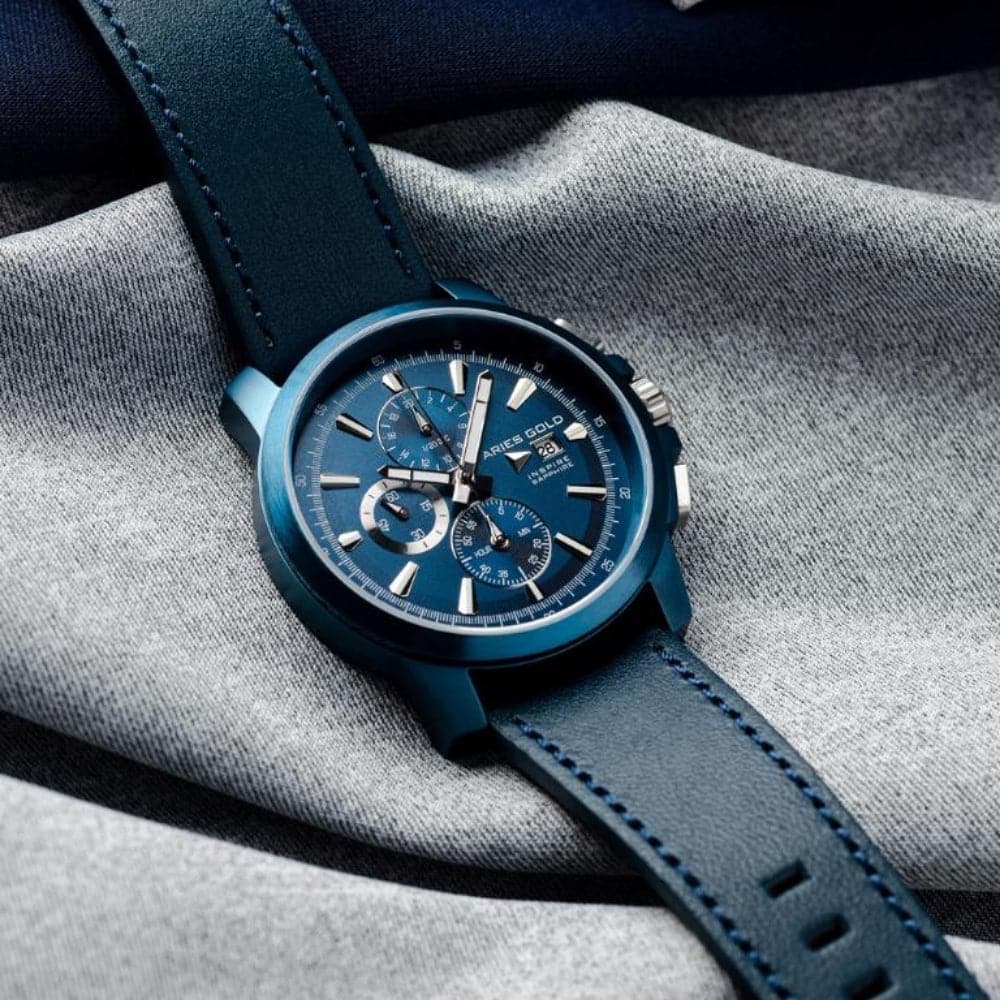 ARIES GOLD INSPIRE CONTENDER Blue Stainless Steel Men's Watch with Leather Strap - Waterproof Dress Watch for Business, Casual & Formal Occasions