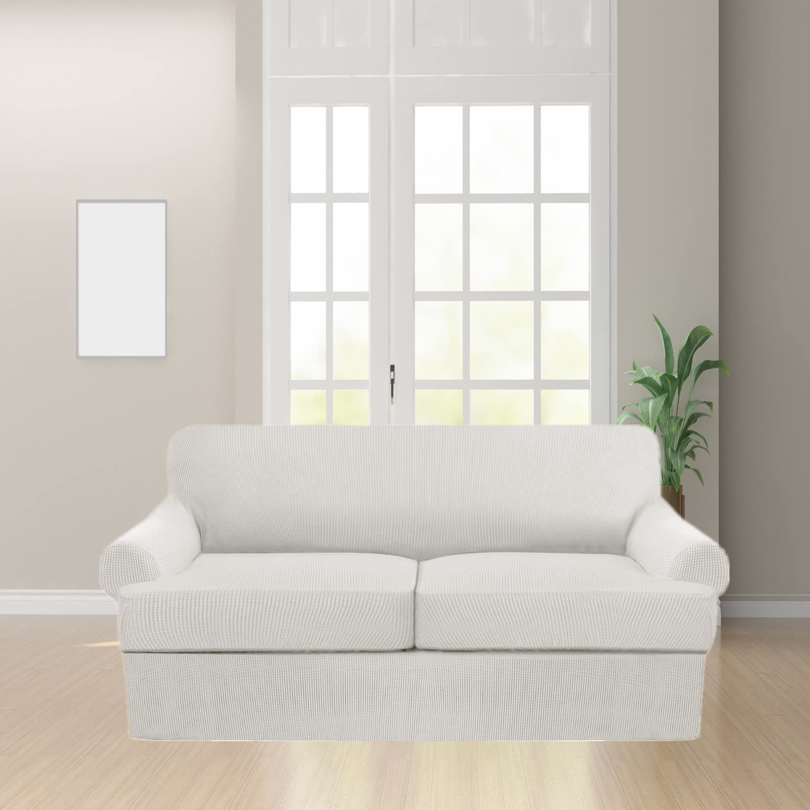 3 Piece T-Cushion Sofa Slipcovers - Thick Stretchable Couch Cover Furniture Protector for 2-Cushion Loveseat with Washable Removable Covers (White) - Perfect for Living Room, Apartment & Home Decor Protection