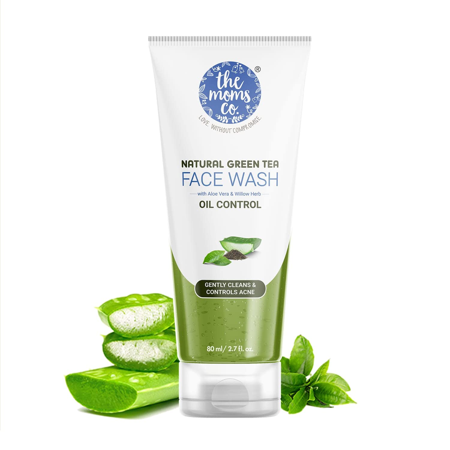 The Moms Co. Natural Green Tea Face Wash with Aloe Vera & Niacinamide - Anti Acne Cleanser for Oily Skin | Soap-Free Gel Formula | Hydrates & Soothes Skin | 80ml | Perfect for Daily Skincare & Acne-Prone Skin
