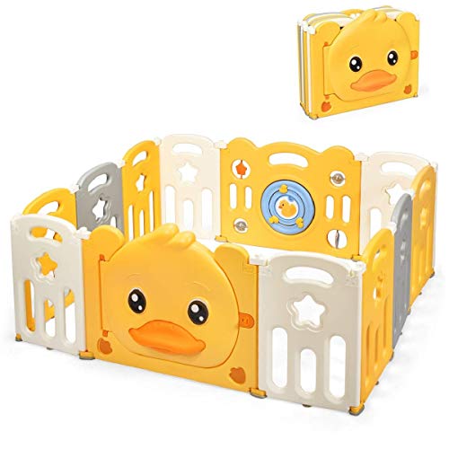 Costzon 12-Panel Baby Playpen with Yellow Duck Pattern - Portable Foldable Play Yard for Indoor & Outdoor Use - Safety Lock Door, Non-Slip Rubber Bases & Suction Cups - Perfect for Home, Nursery, Daycare or Travel