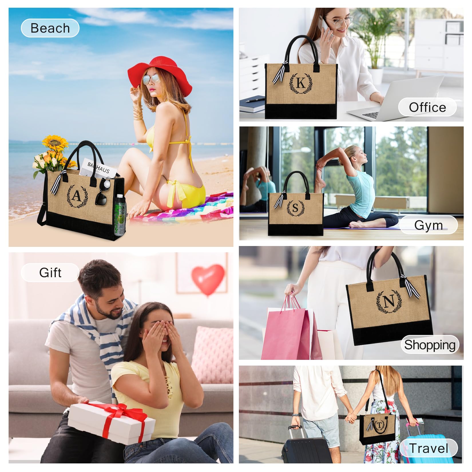 Personalized Monogram Beach Tote Bag for Women - Custom Zippered Canvas Tote - Perfect Birthday Gift, Bridesmaid Present & Vacation Essential - Great for Beach Trips, Pool Days & Summer Travel