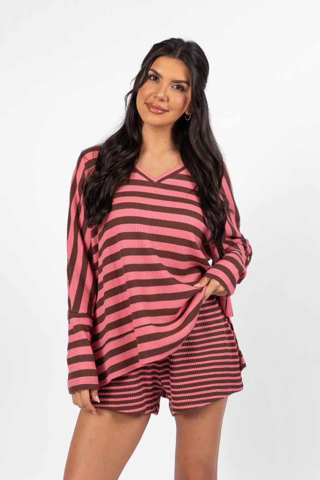 Pink and Chocolate Striped Thermal Underwear Set for Women - Cozy Winter Loungewear - Perfect for Cold Weather, Sleeping & Relaxing at Home