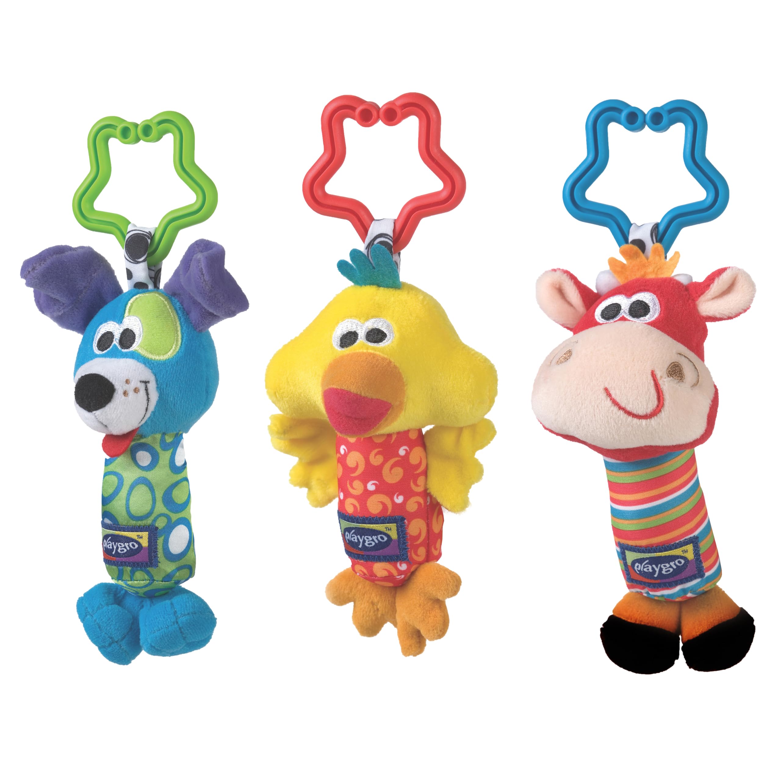 Playgro Tinkle Trio Soft Baby Hanging Toys for Infants 0-12 Months - Rattling Cow, Tinkling Dog & Squeaking Bird Sensory Toys - STEM Learning Developmental Toys with Easy Clip for Stroller, Crib, Car Seat & Baby Gym - Perfect for Tummy Time & Travel