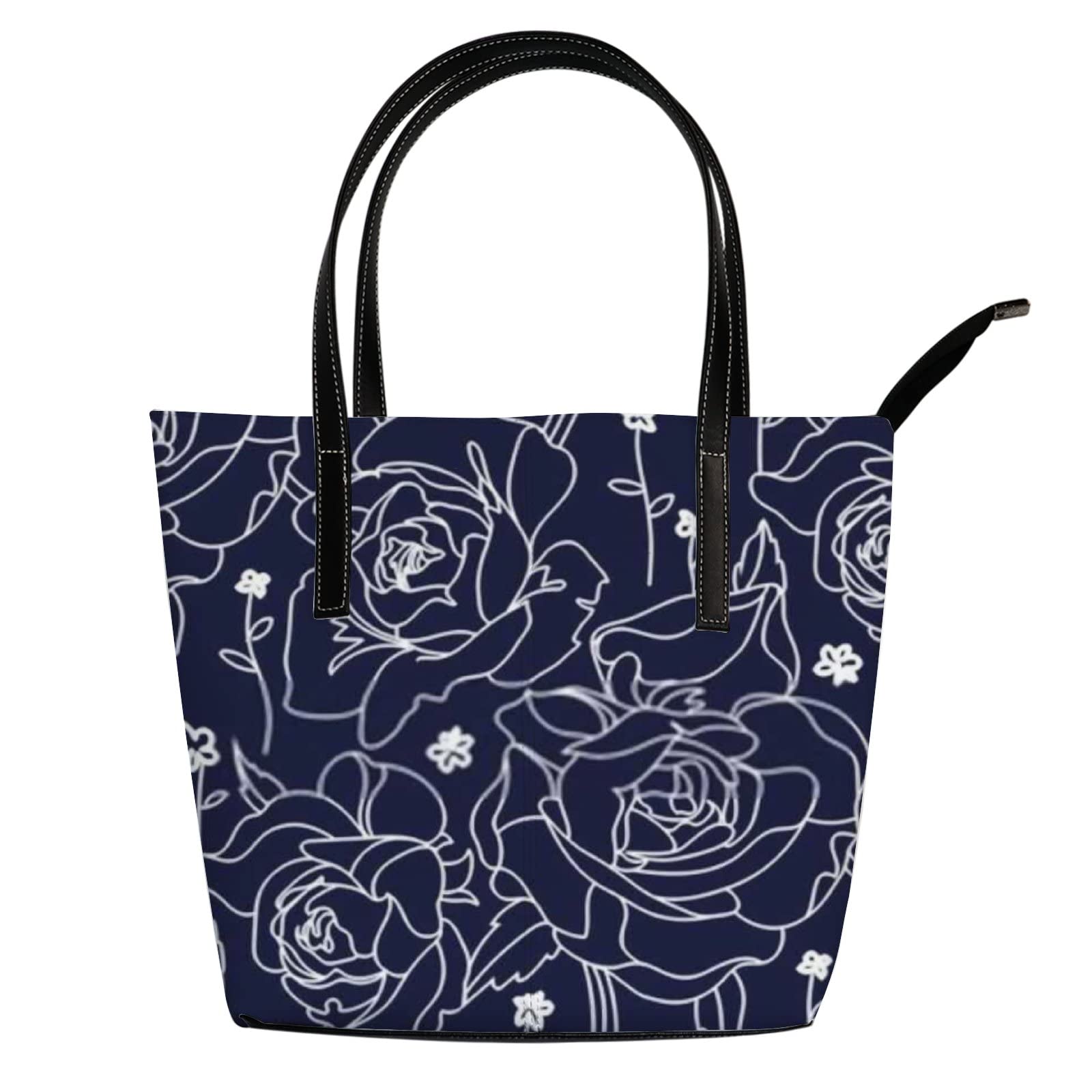 Stylish Navy Blue Floral Leather Tote Bag for Women - Crossbody Work Purse with Zipper | Perfect for Office, Travel & Everyday Use