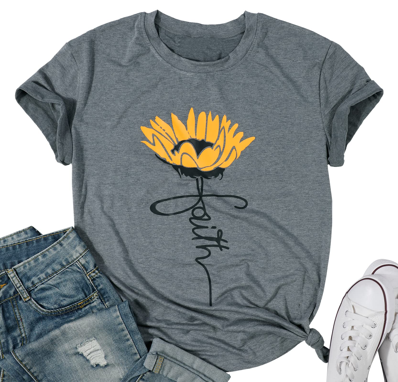 Women's Sunflower Graphic T-Shirt - Short Sleeve Summer Casual Tee Top for Everyday Wear & Outdoor Activities