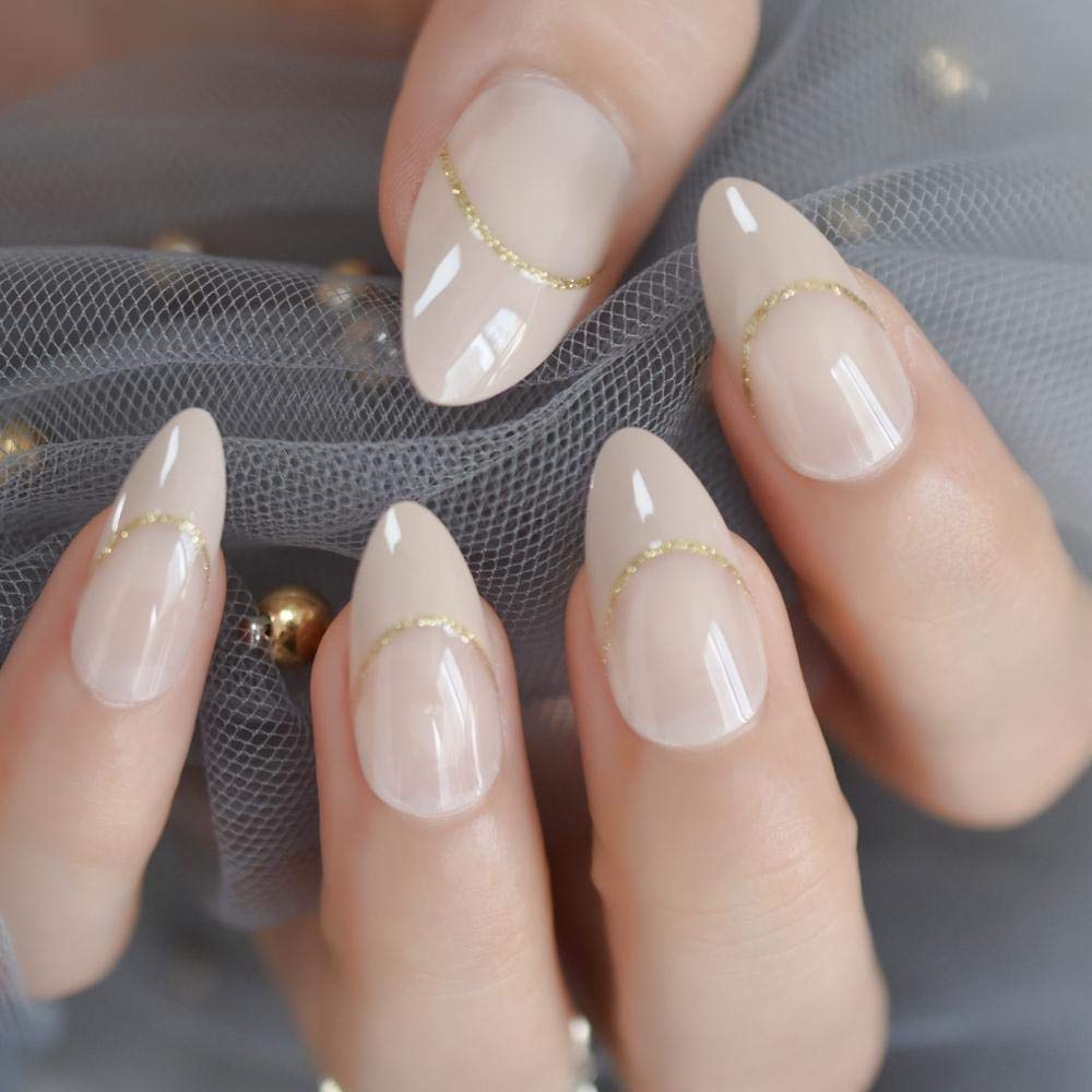 CSCH False Nails - French Tip Press On Nails with Gold Glitter, Stylish Shiny Pointed Design, Easy Adhesive for Good-Looking Manicure | Perfect for Parties, Weddings & Special Occasions