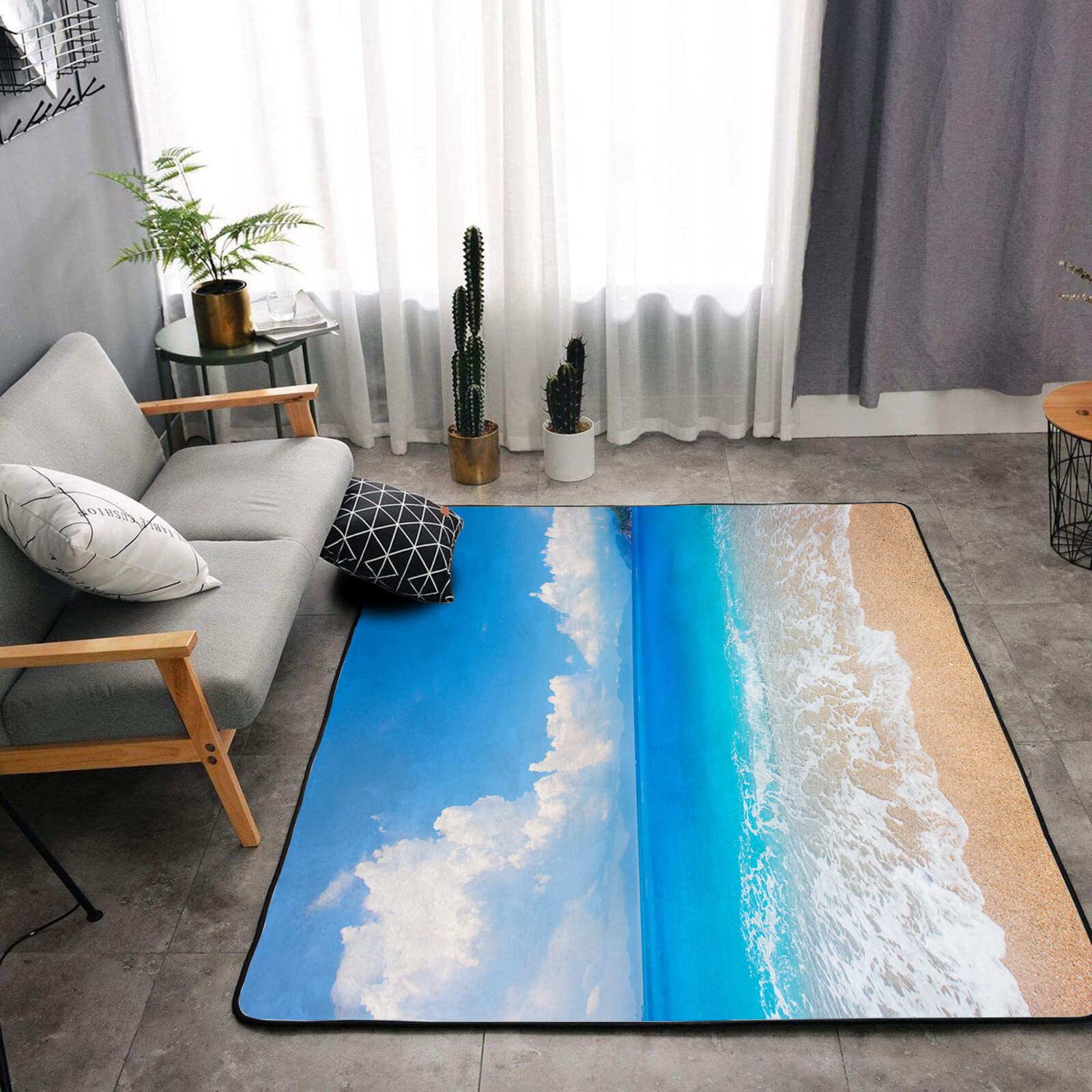 Washable Non-Slip Sponge Rug Pad - Super Soft Extra Thick Floor Mat for Kids Bedroom, Living Room, Bathroom & Dorm | Tropical Beach Waves Design | Perfect for Indoor Home Decor, Play Areas & Cozy Spaces