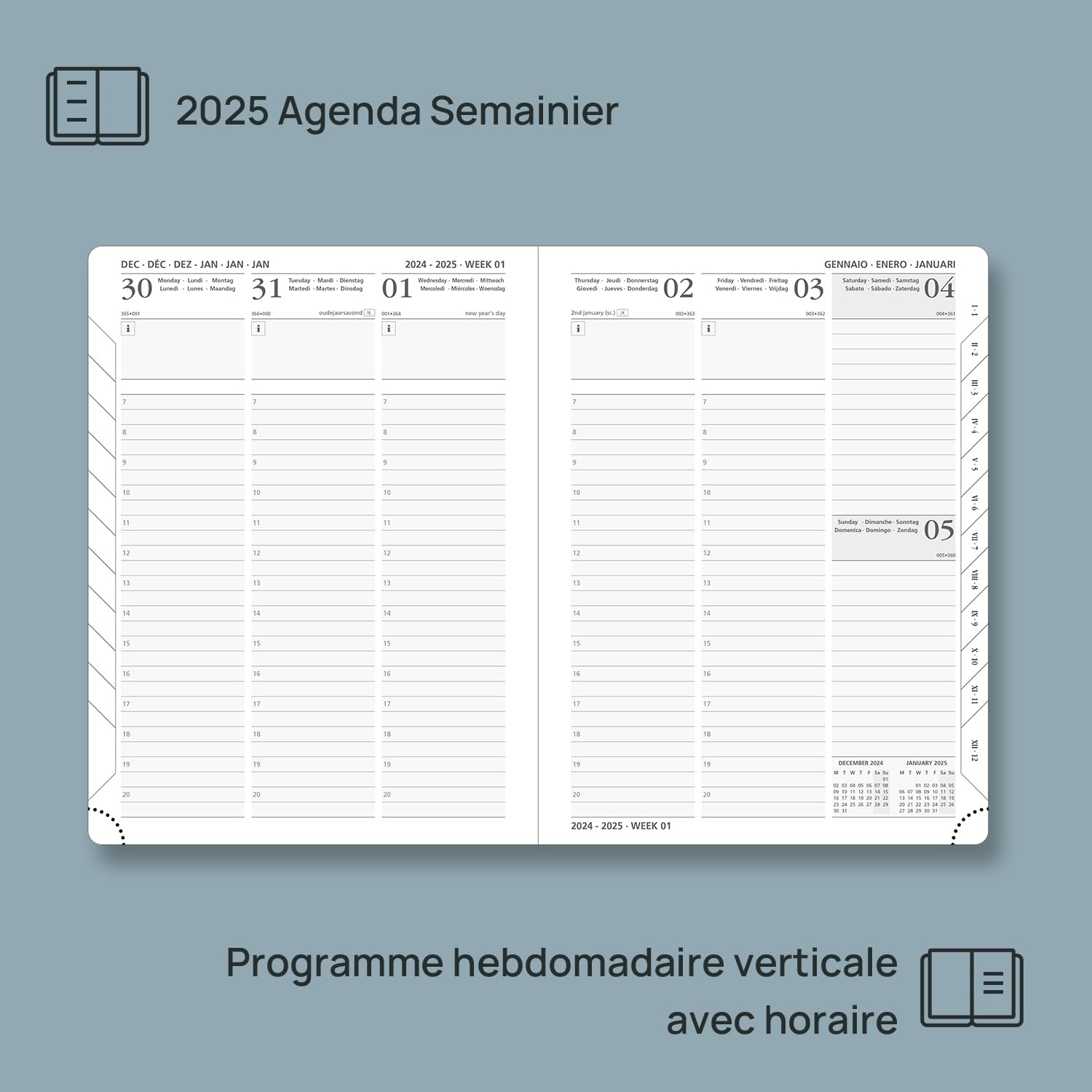 POPRUN 2025 Weekly Planner - 22 x 16.5 cm Soft PU Leather Cover, Vertical Layout (Jan-Dec 2025), 12-Month Agenda with 2 Ribbon Bookmarks, FSC® Certified 100g/m² Paper, Teal Blue - Perfect for Office, School & Personal Organization