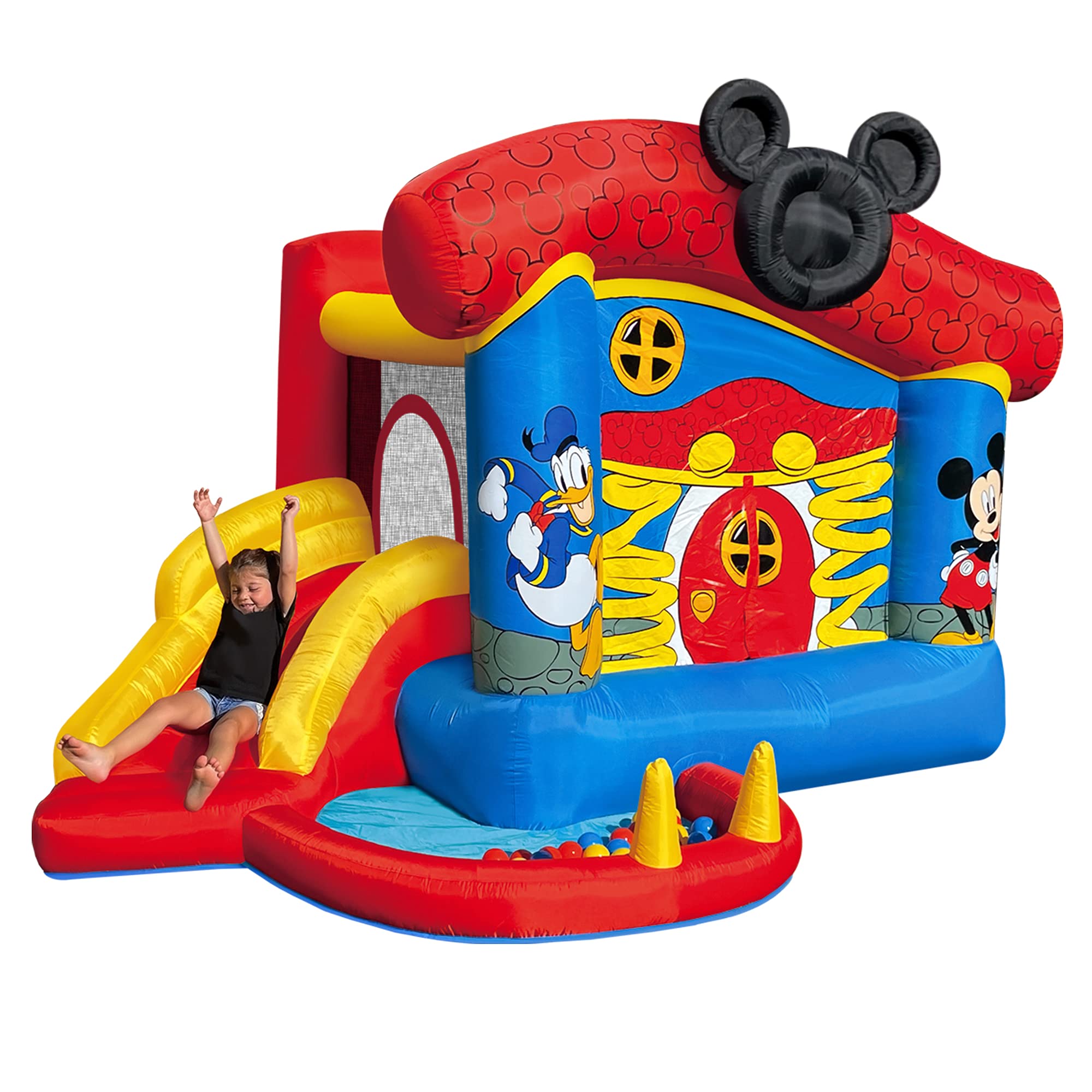 Disney Mickey Mouse Inflatable Bounce House with Slide - Indoor/Outdoor Kids Bouncy Castle with Ball Pit | Heavy Duty Air Blower Included | Perfect for Birthday Parties, Backyard Play & Family Gatherings