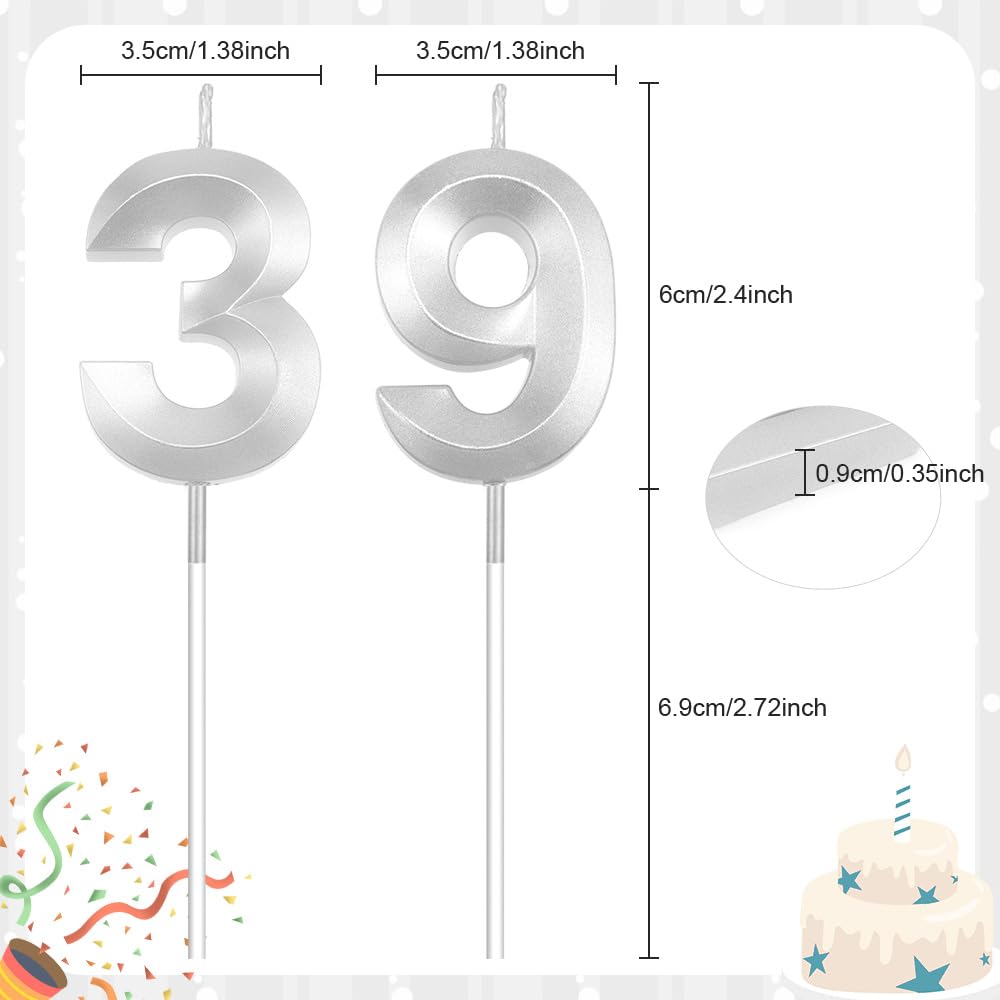 39 Number Candles for Birthday Cake - Silver Decorations for Party Wedding