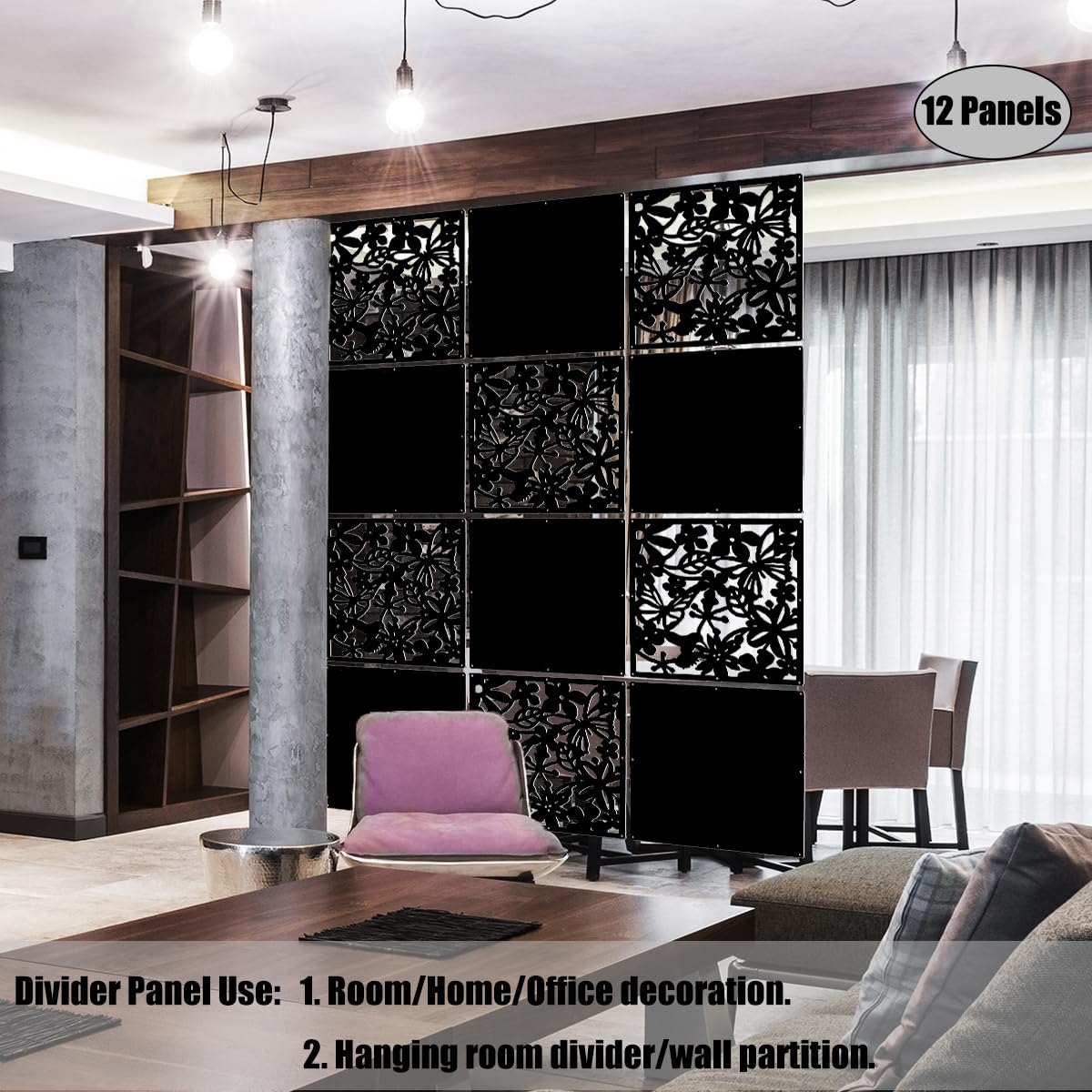 LRZCGB 12-Piece PVC Black Hanging Room Divider Panel Screen - Solid Privacy Partition for Living Room, Dining Room, Study & Hotel Decor | Home Office Separation & Space Dividing Solution