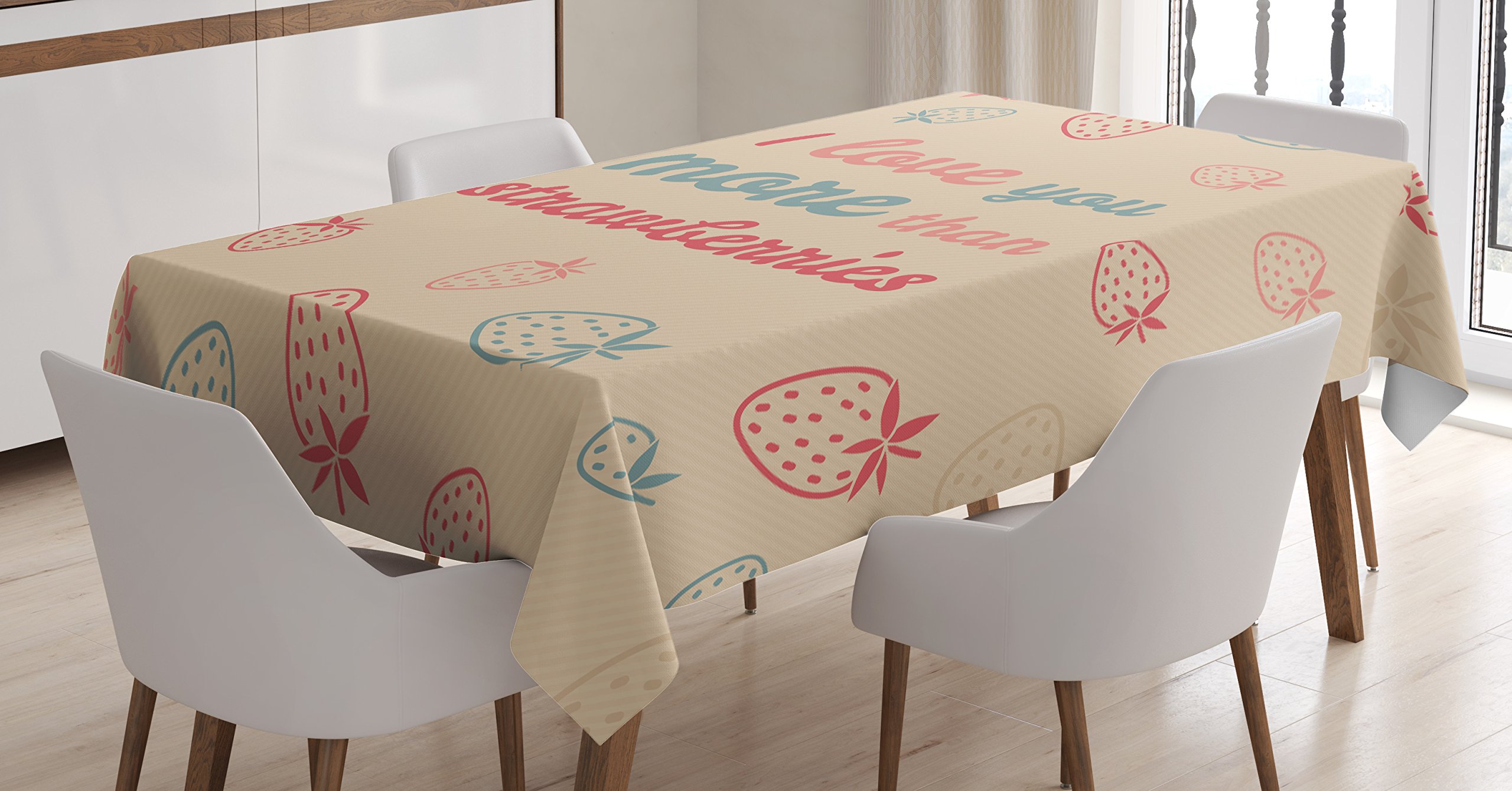 Ambesonne 'I Love You More' Tablecloth - Fun Words & Pastel Strawberry Design, 52x70 Inch Rectangular Table Cover for Dining Room & Kitchen - Sand Brown Coral Slate Blue | Perfect for Romantic Dinners, Family Gatherings & Special Occasions