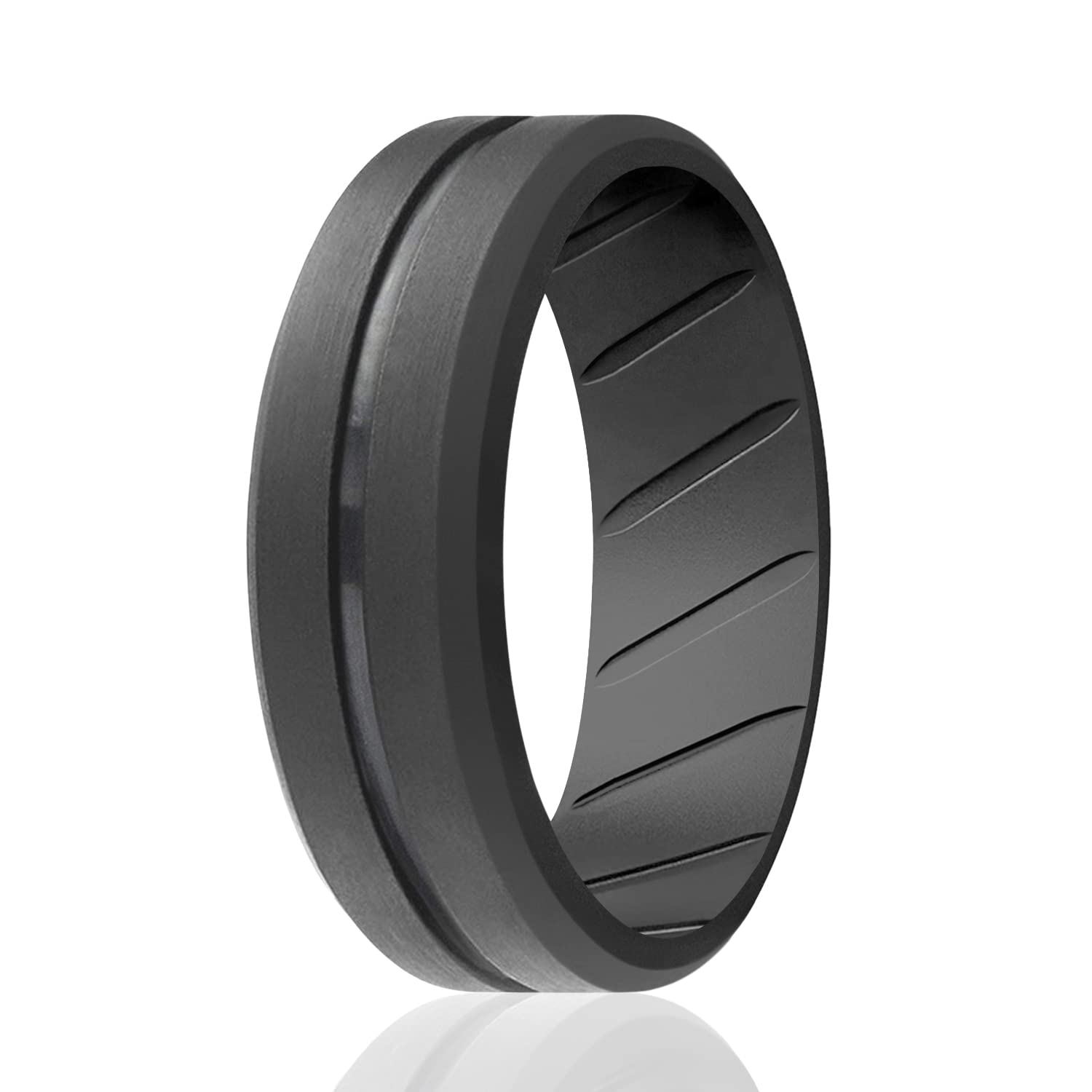 ROQ Silicone Rubber Wedding Ring for Men - Comfort Fit Breathable Band, 8mm Wide 2mm Thick with Engraved Middle Line - Multi Color Pack (Black, Gray, Blue) - Perfect for Gym, Swimming, Travel & Outdoor Activities
