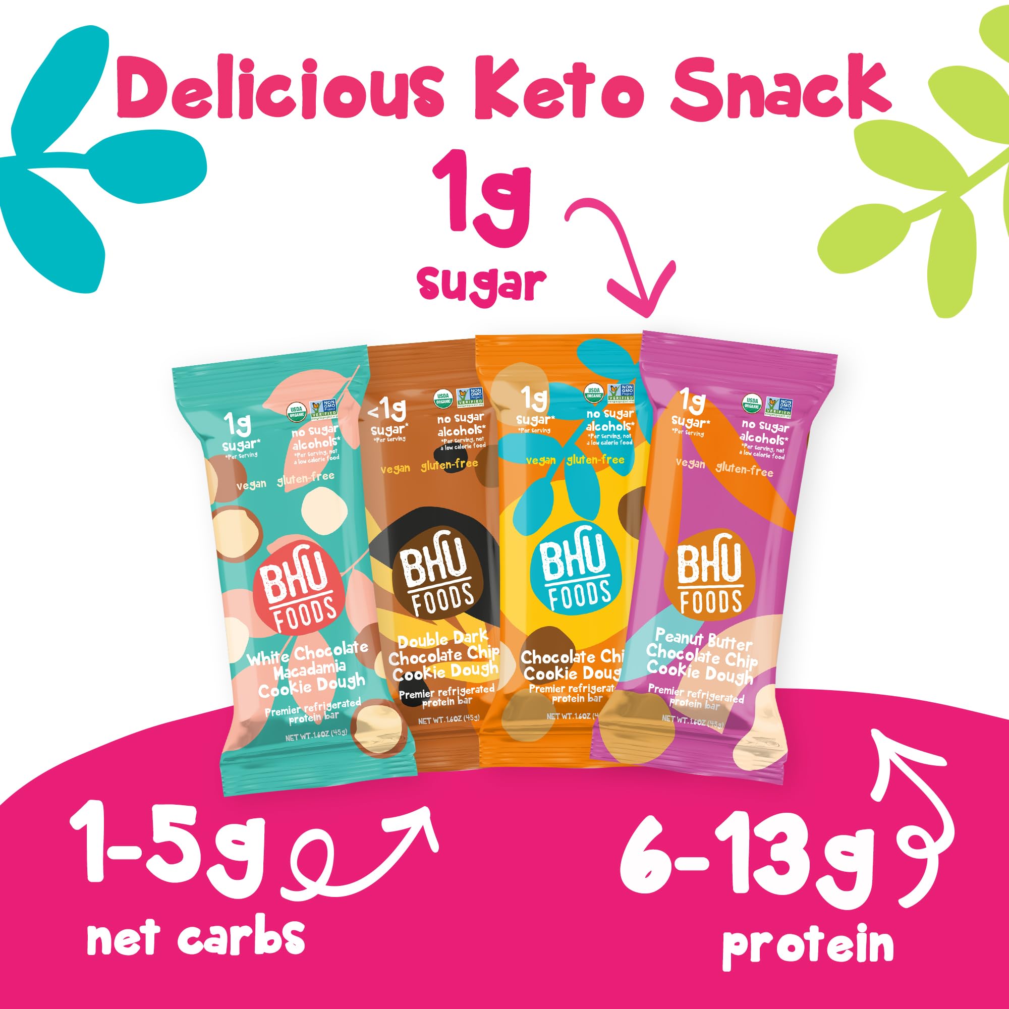 Bhu Foods Keto Bars - Organic Low Carb Protein Snacks with Only 1g Sugar | Gluten Free, Vegan & Monk Fruit Sweetened | Healthy Energy Bars for Adults | 4 Flavor Variety Pack (10 Bars) - Perfect for Workouts, Travel & On-the-Go Snacking