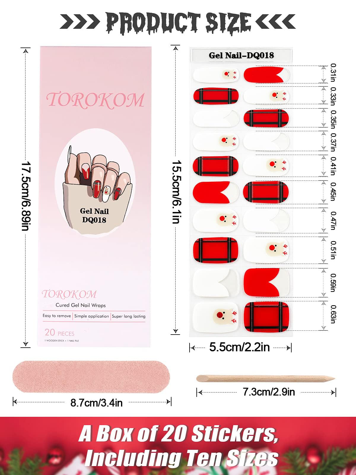 Christmas Gel Nail Polish Strips - 20PCS Holiday Nail Stickers with Elk & Heart Designs, Includes Nail File & Stick (UV/LED Lamp Required) - Perfect for Christmas Parties, Gift Giving & Festive Nail Art