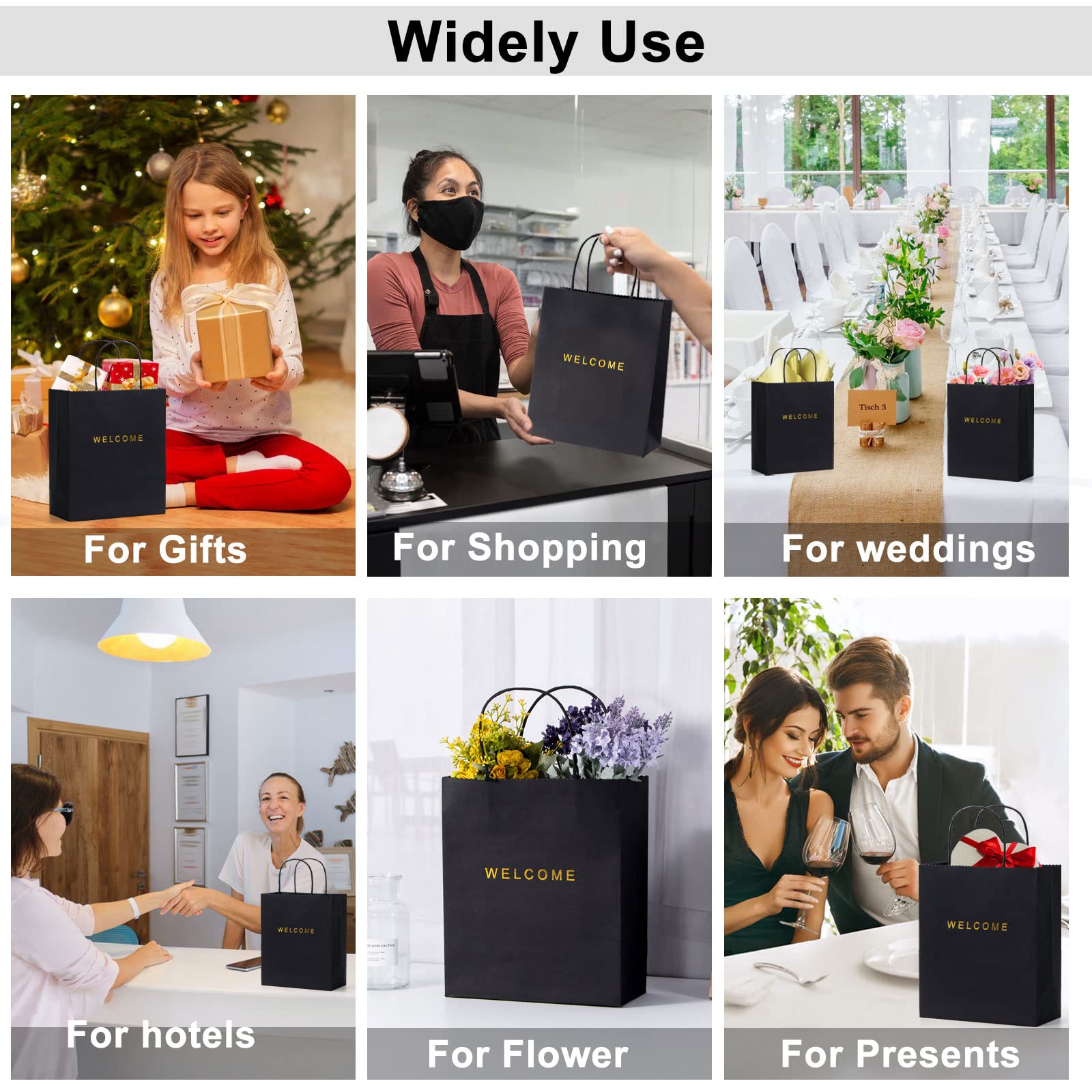 50 Pack Black Welcome Gift Bags with Handles - 7.9 x 3.7 x 9.4 Inches, 250g Paper - Perfect for Weddings, Parties, Retail & Shopping Bags - Bulk Welcome Bags for Guests, Bridal Showers & Corporate Events