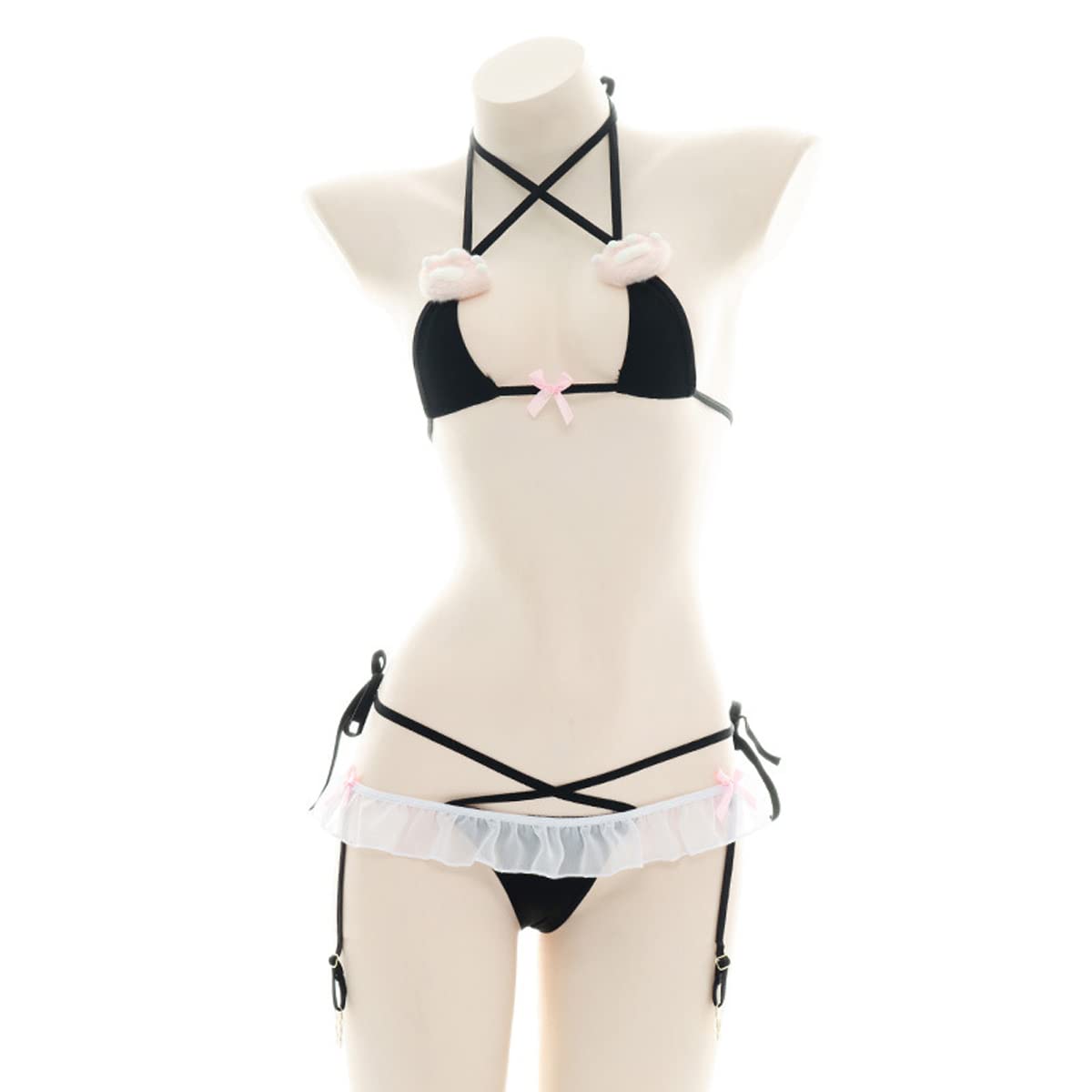 Sexy Lingerie Set for Women - Black Cat Role Play Bra & Panty with Garter Belt | Perfect for Valentine's Day, Boudoir Photography & Romantic Nights