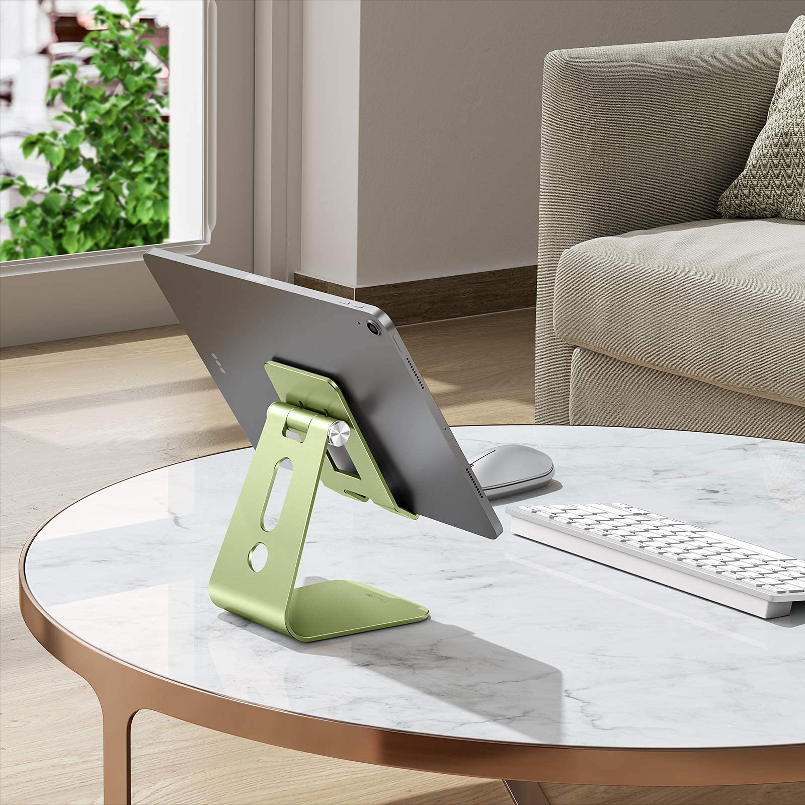 OMOTON Adjustable Tablet Stand for Desk - Upgraded Longer Arms for Stability, T2 Tablet Holder with Hollow Design Fits iPad Pro/Air/Mini & Large Phones - Green - Perfect for Home Office, Online Learning & Watching Videos