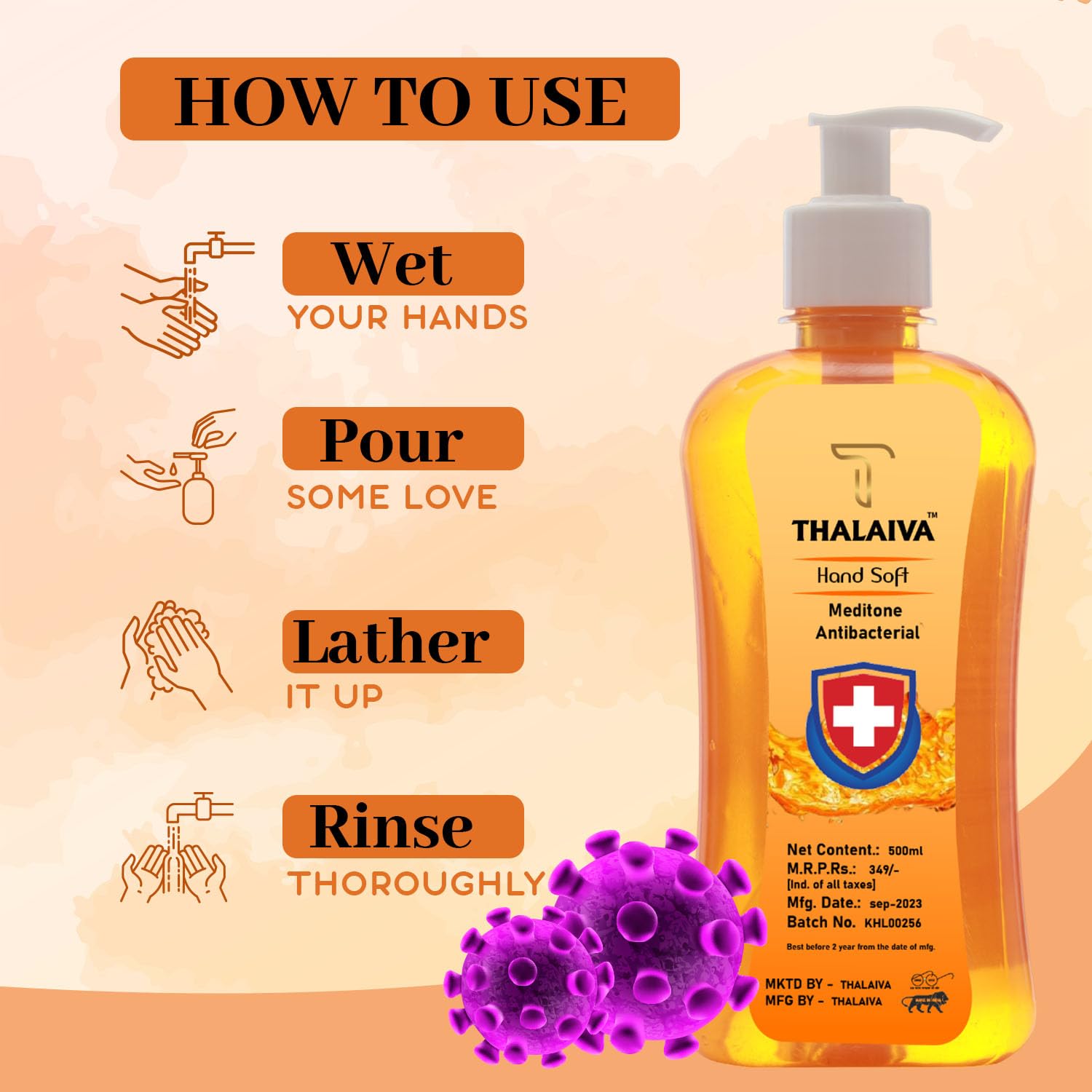 THALAIVA Antibacterial Hand Wash Liquid 500ml | 99.99% Germ Protection | Moisturizing & Refreshing Luxury Hand Soap for Home, Kitchen & Bathroom | Pack of 1 | Gentle on Skin | Ideal for Daily Use & Family Hygiene