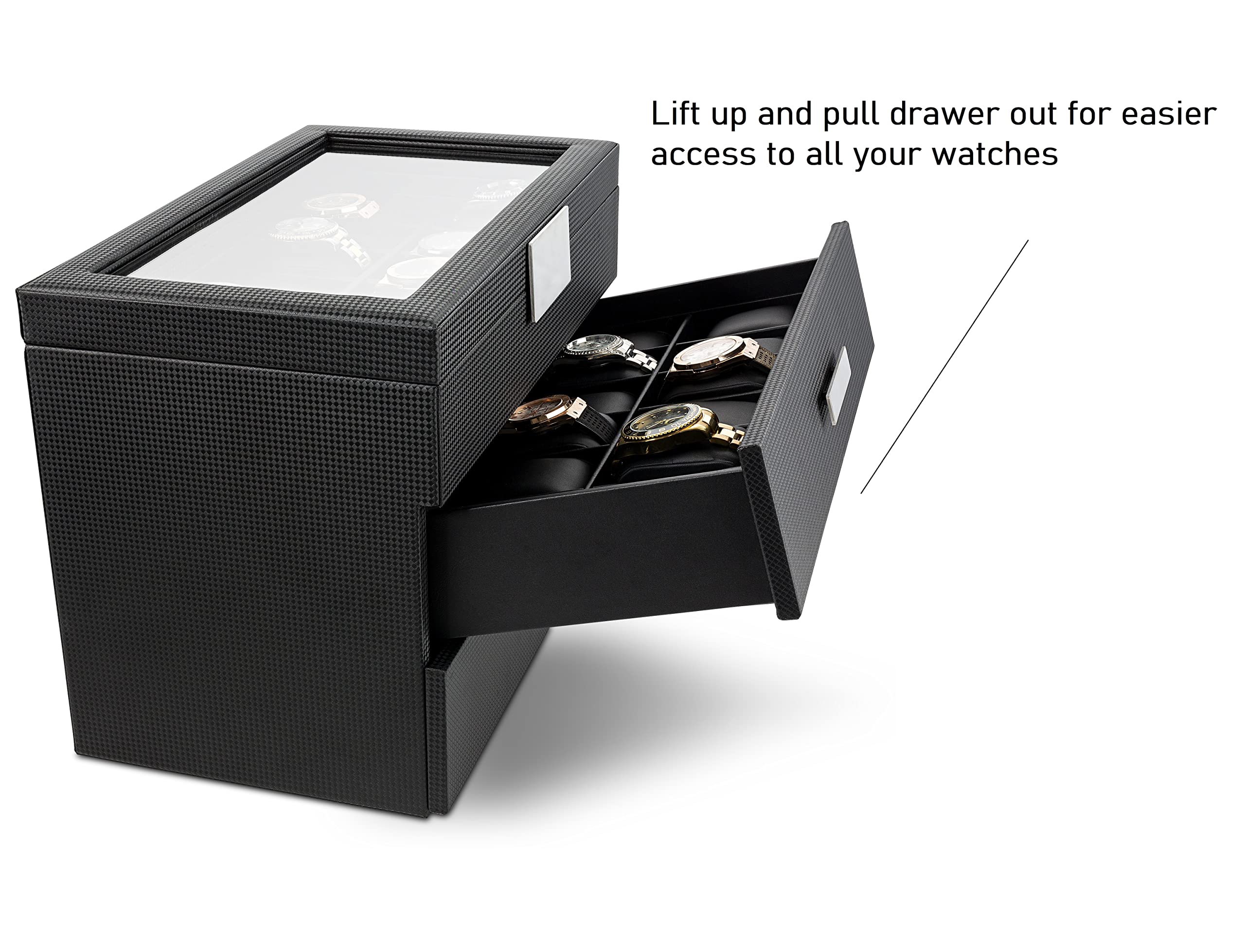 36-Slot Luxury Carbon Fiber Watch Box for Men with Large Glass Lid - Elegant Watch Display Case with Metal Accents & Sturdy Hinges - Perfect Watch Organizer for Dress Watches, Sports Watches & Collector's Timepieces - Ideal for Home Display, Office Decor & Gift Giving
