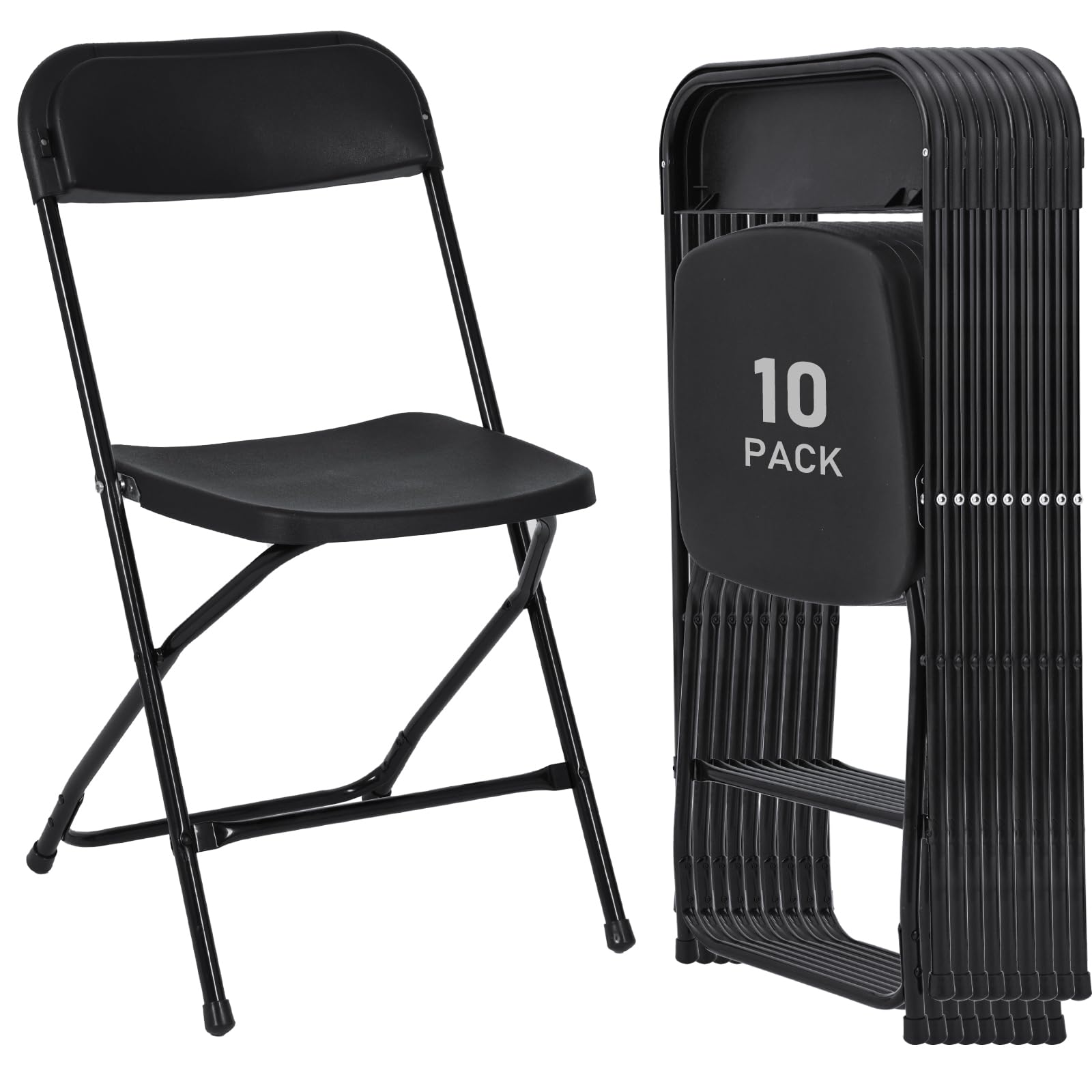 10 Pack Black Plastic Folding Chairs - Heavy Duty 350lbs Capacity Stackable Portable Chairs with Steel Frame for Home, Office, Wedding, Party | Indoor & Outdoor Use for Events, Picnics, Camping and Backyard Gatherings