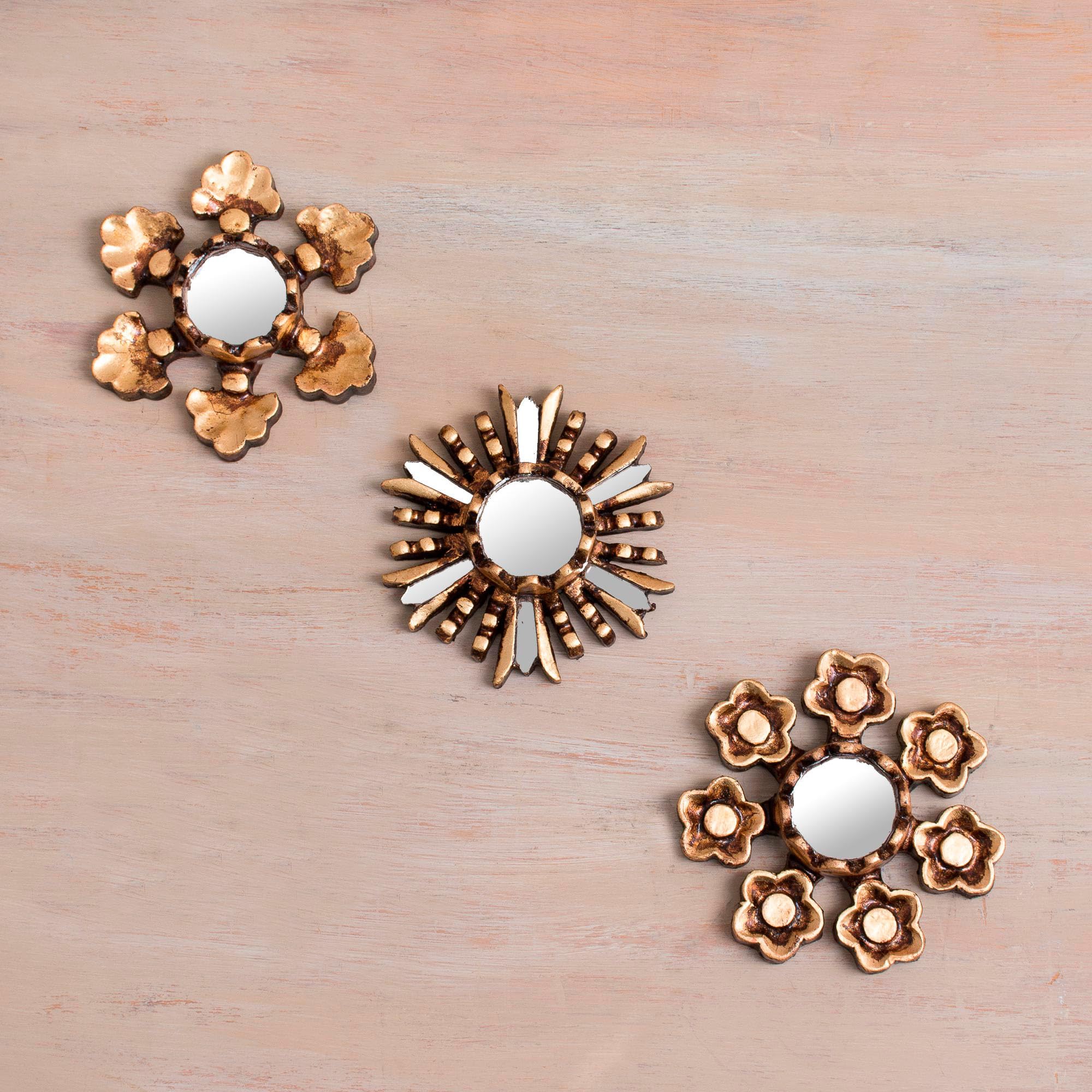 Artisan Handmade Bronze Gilded Mini Wall Mirrors - Floral Design Set of 3 - Metallic Wood Decor from Peru (4.1
