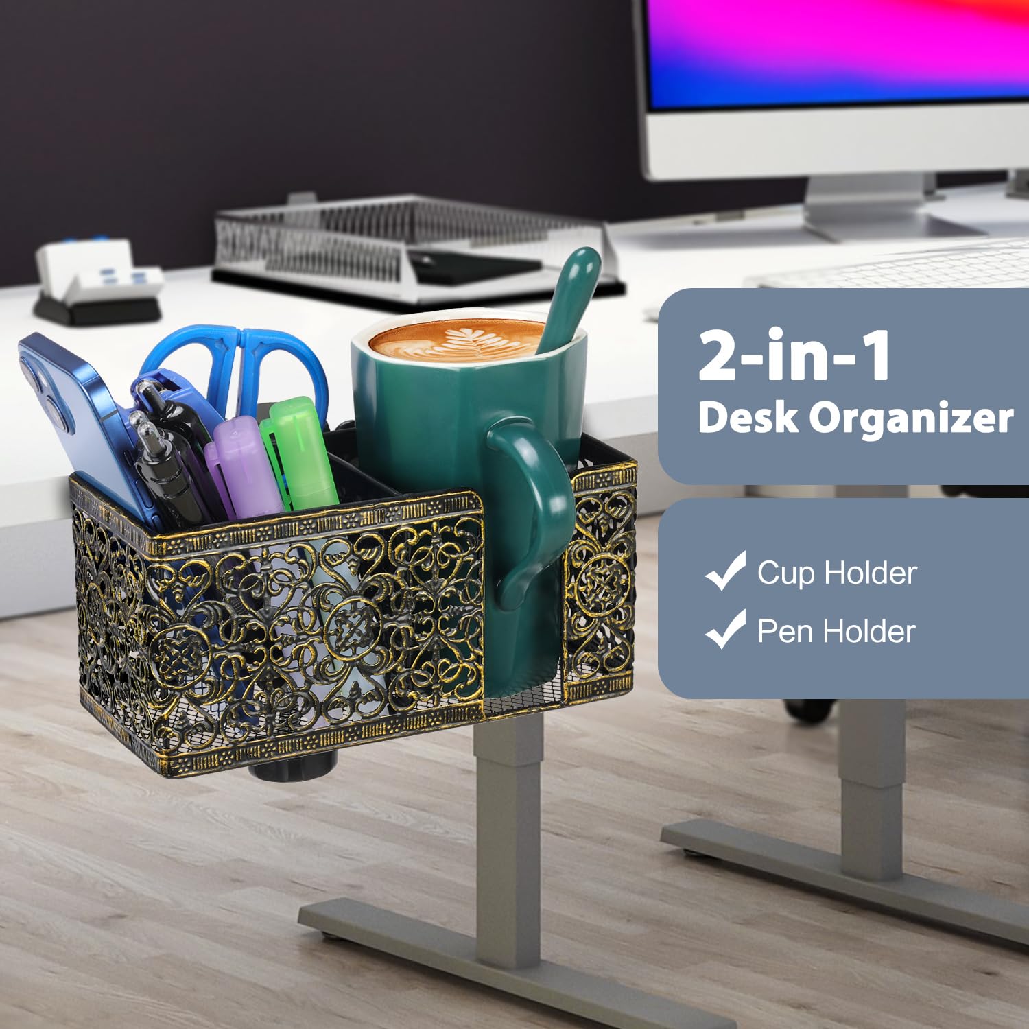 Clip-On Desk Organizer - Multi-Purpose Cup Holder, Pencil & Phone Holder for Office, School & Home - Perfect for Beverages, Stationery & Smartphone Storage