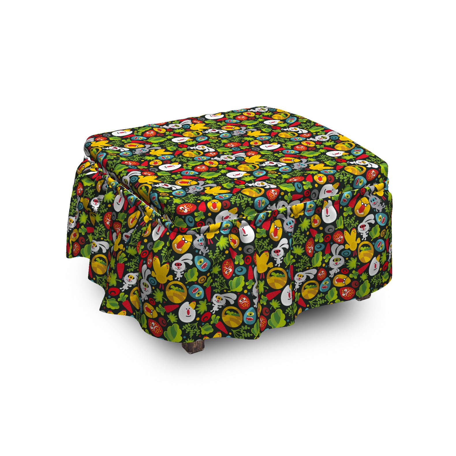 Ambesonne Easter Ottoman Slipcover Set - 2 Piece Ruffle Skirt Cover for Square, Round & Cube Footstools | Colorful Easter Theme Art Decor | Standard Size Charcoal Grey Multicolor | Perfect for Living Room, Bedroom & Holiday Home Decor